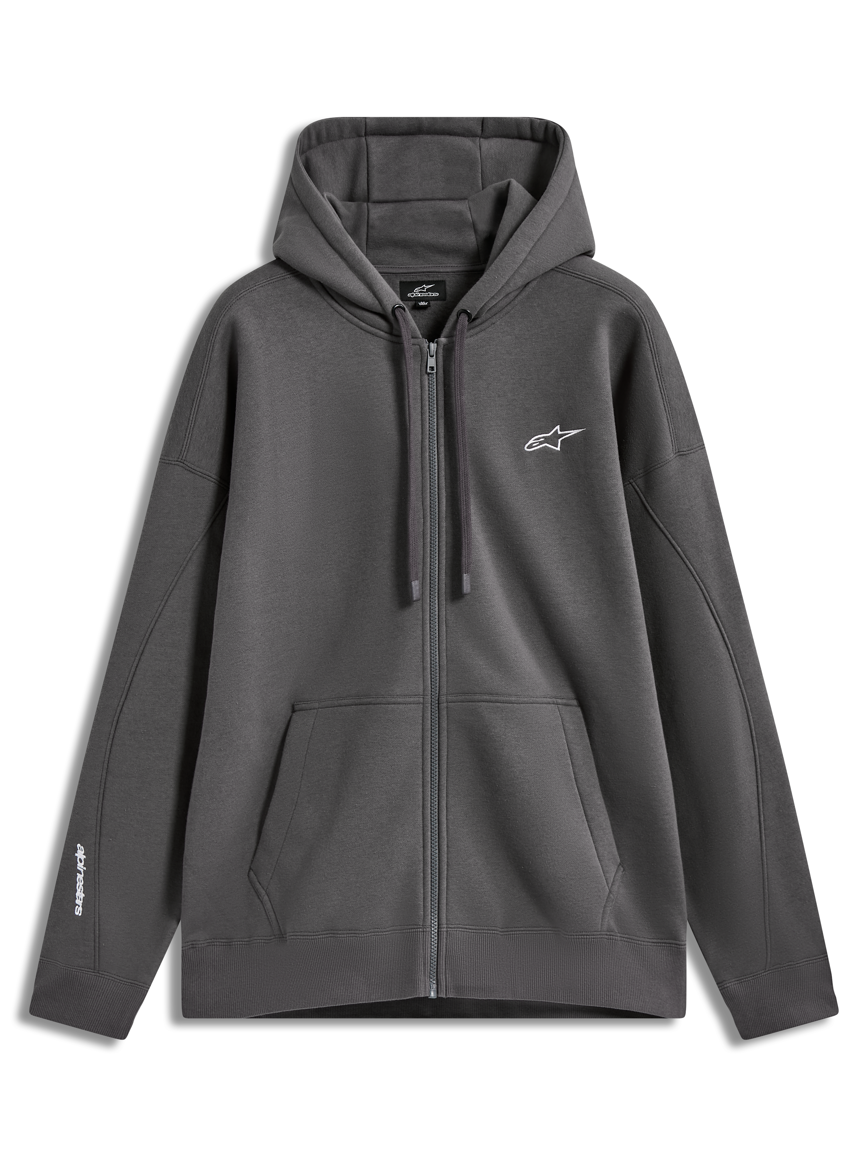 Alpinestars Entity Oversized Hoodie, sudadera gris carbón con cremallera, forro polar, logo bordado blanco y bolsillo canguro.