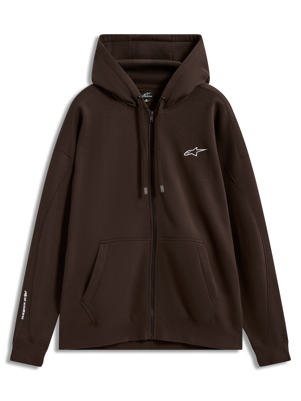 Alpinestars Entity Oversized Hoodie, sudadera marrón de forro polar con cremallera, logos blancos en el pecho y la manga