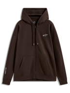 Alpinestars Entity Oversized Hoodie, sudadera marrón de forro polar con cremallera, logos blancos en el pecho y la manga