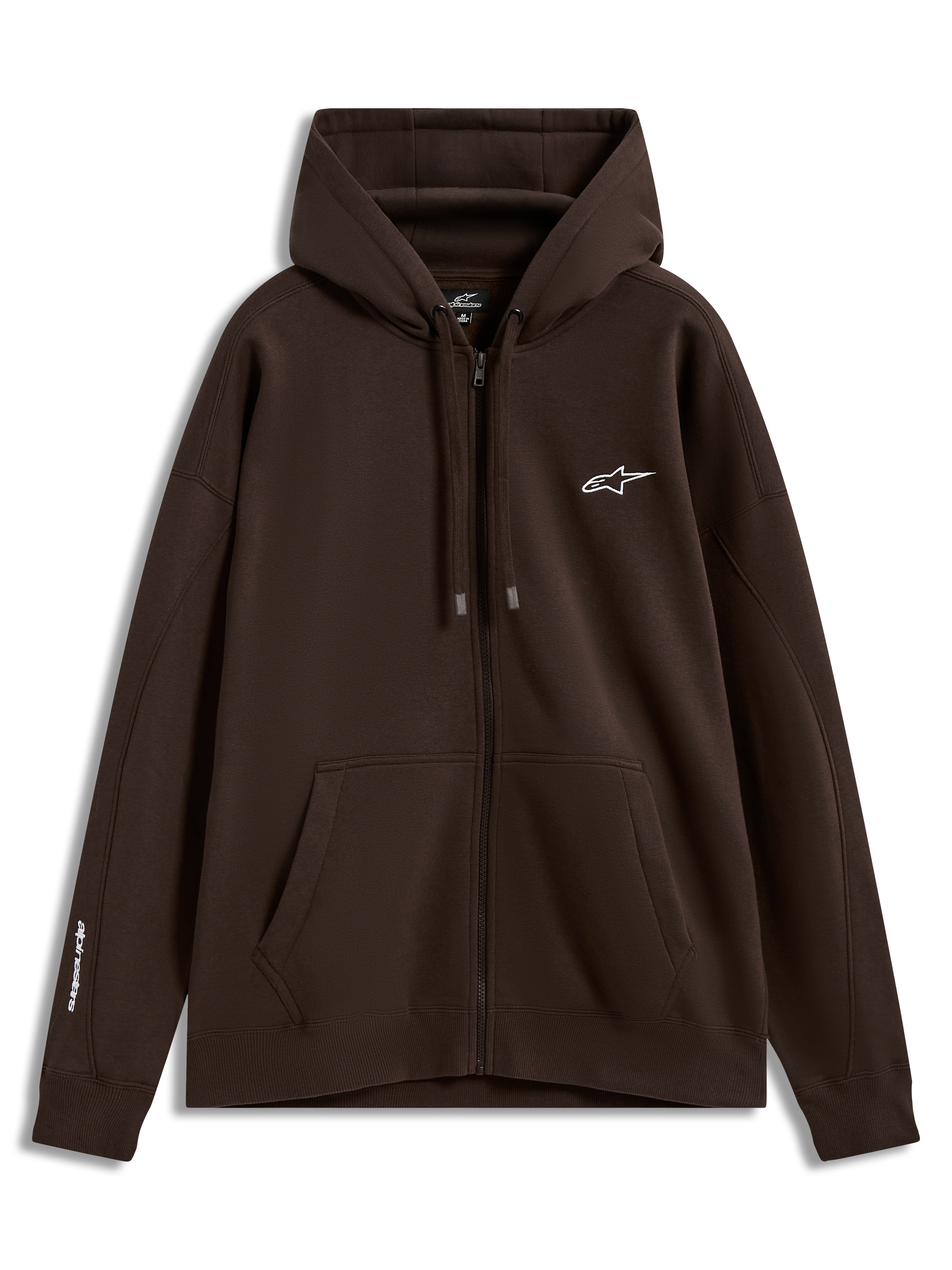Alpinestars Entity Oversized Hoodie, sudadera marrón de forro polar con cremallera, logos blancos en el pecho y la manga