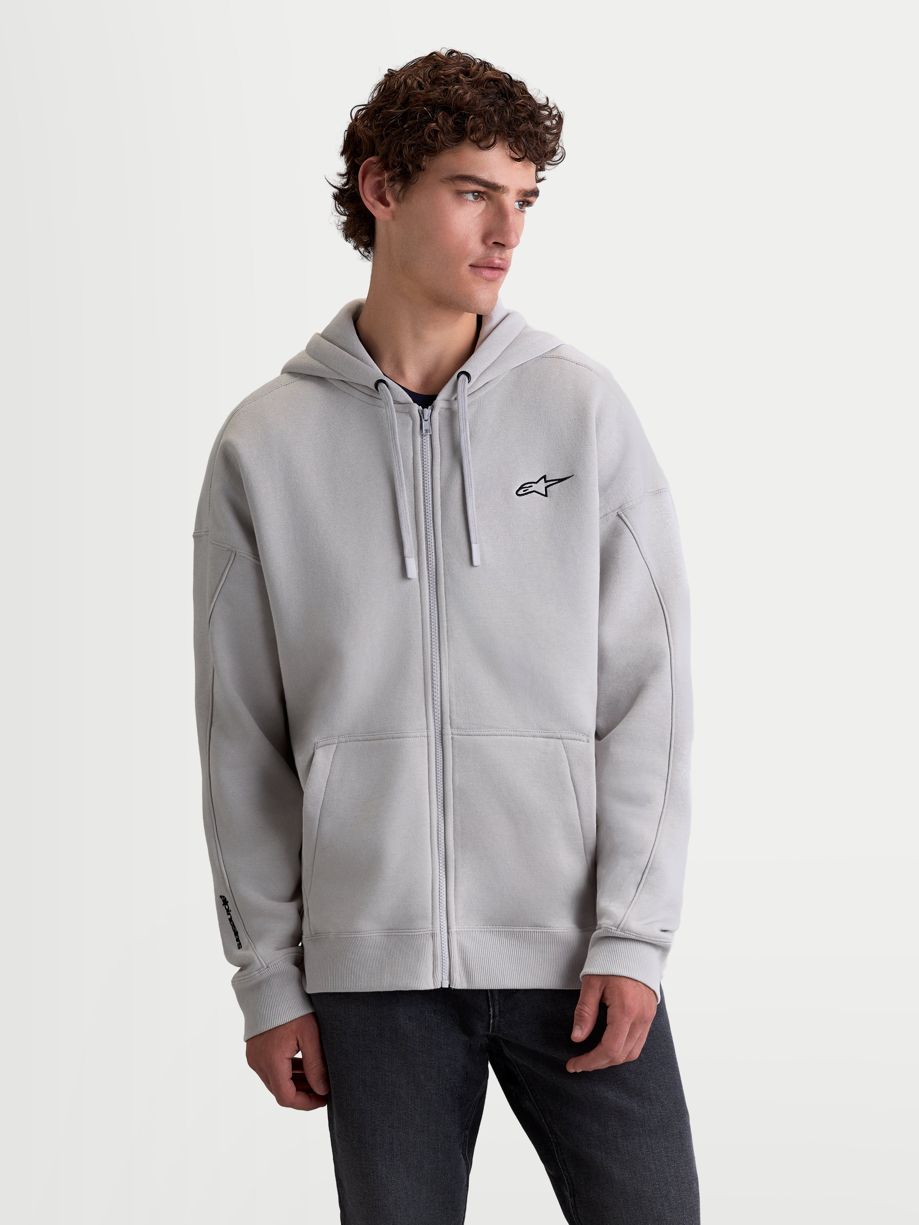 Alpinestars Entity Oversized Hoodie, sudadera con capucha y cremallera de forro polar unisex, gris, ajuste holgado con logotipo Astars bordado en el pecho y bolsillo canguro, ropa deportiva lifestyle inspirada en el motorsport