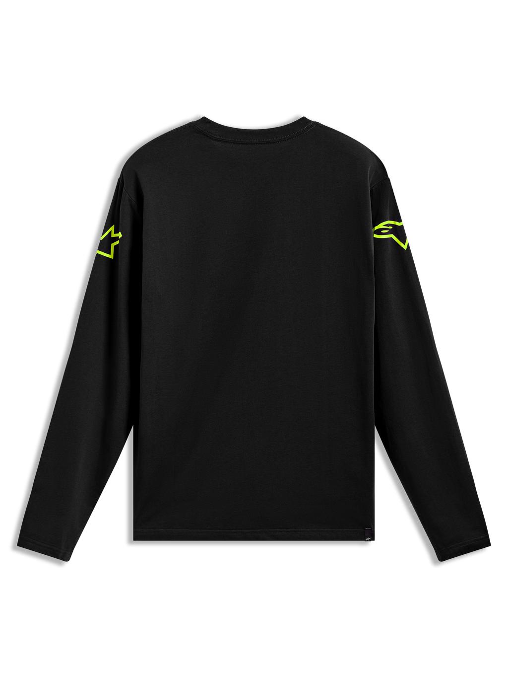 Alpinestars Velocifier CSF, camiseta de mangas largas negra con logos Astars amarillo neón en hombros, vista posterior.