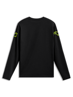 Alpinestars Velocifier CSF, camiseta de mangas largas negra con logos Astars amarillo neón en hombros, vista posterior.