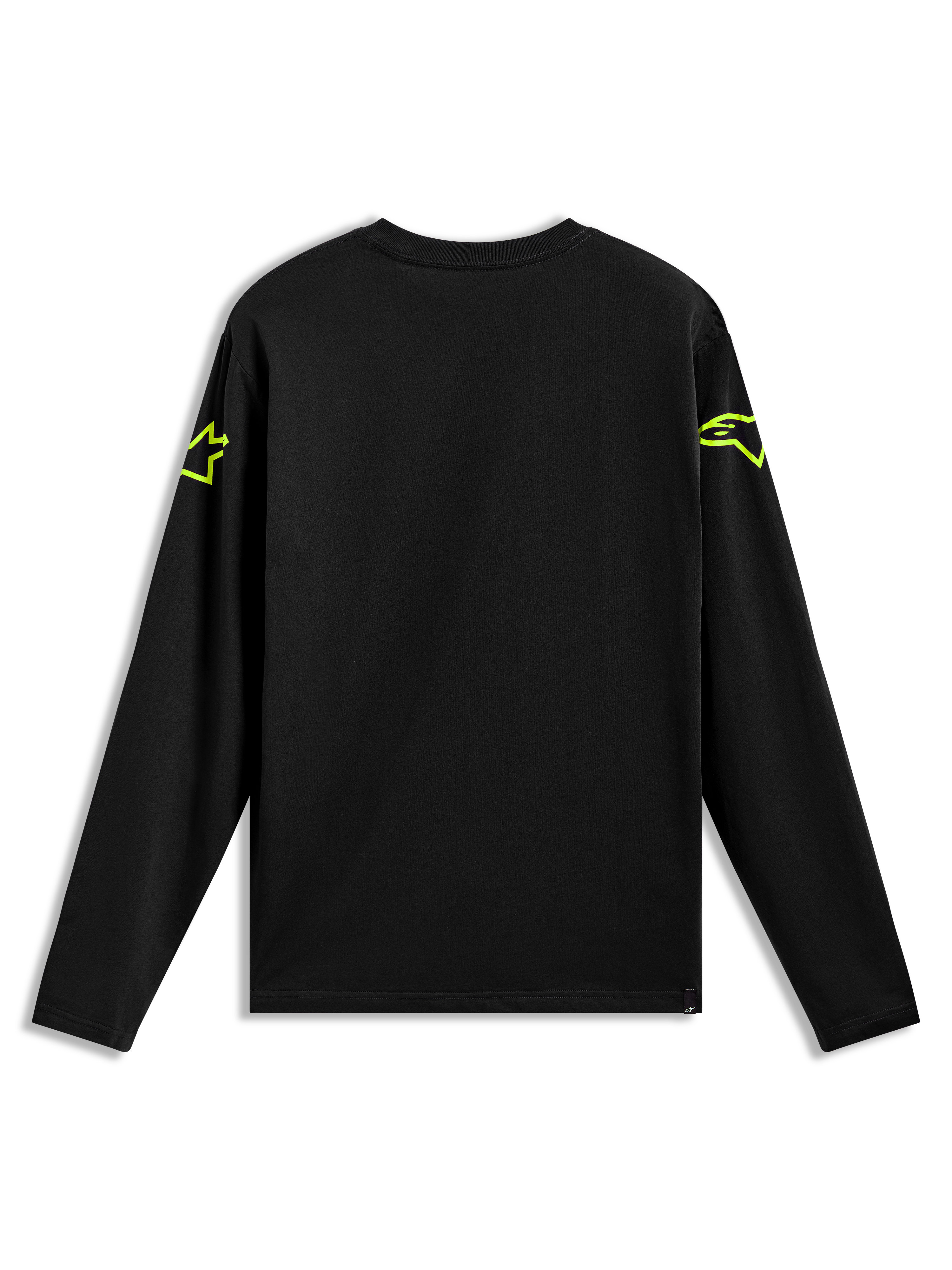 Alpinestars Velocifier CSF, camiseta de mangas largas negra con logos Astars amarillo neón en hombros, vista posterior.