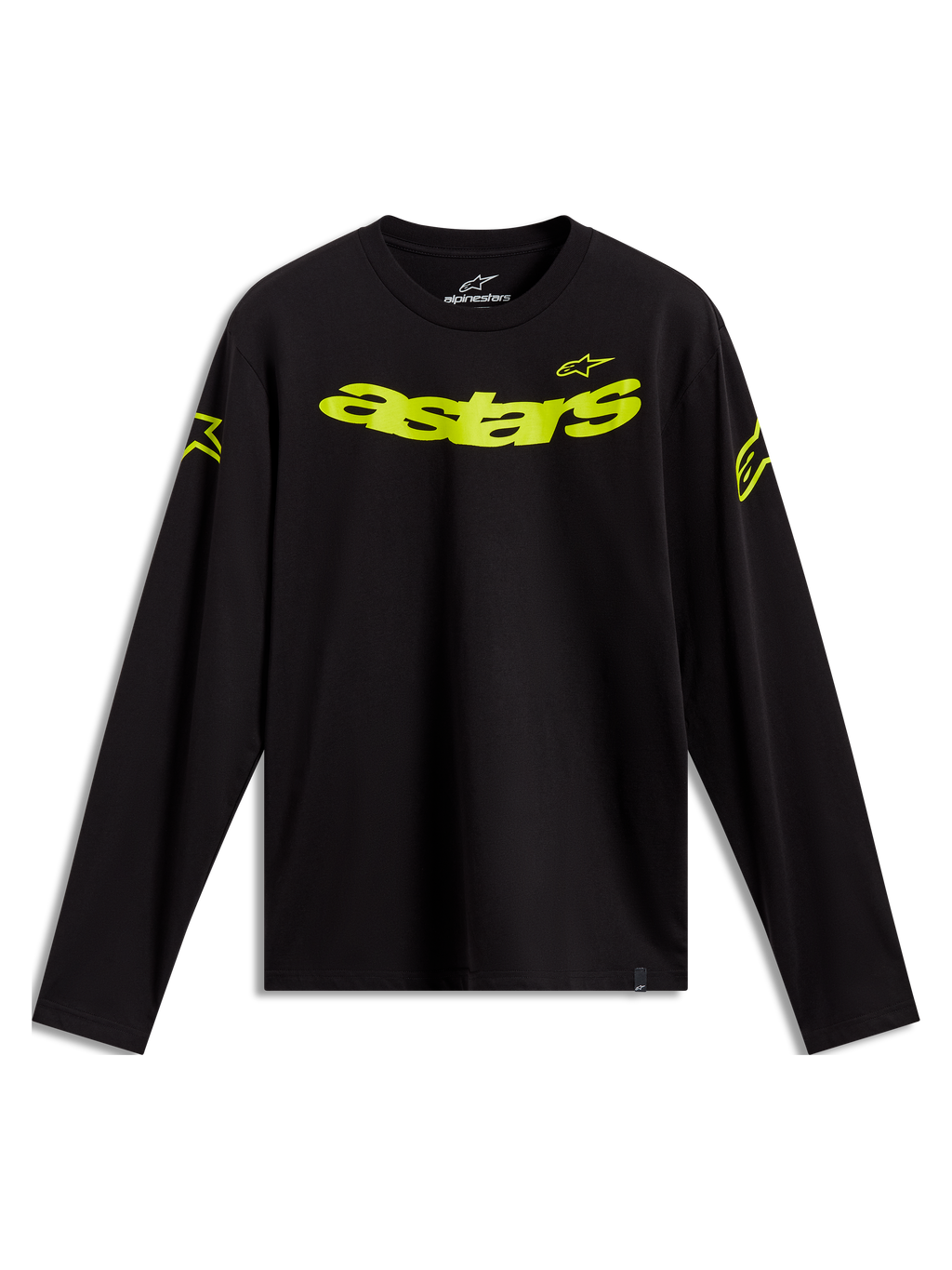 Alpinestars Velocifier CSF, camiseta de mangas largas negra con logotipos Astars en amarillo neón en el frente y los hombros, ropa deportiva casual