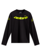 Alpinestars Velocifier CSF, camiseta de mangas largas negra con logotipos Astars en amarillo neón en el frente y los hombros, ropa deportiva casual