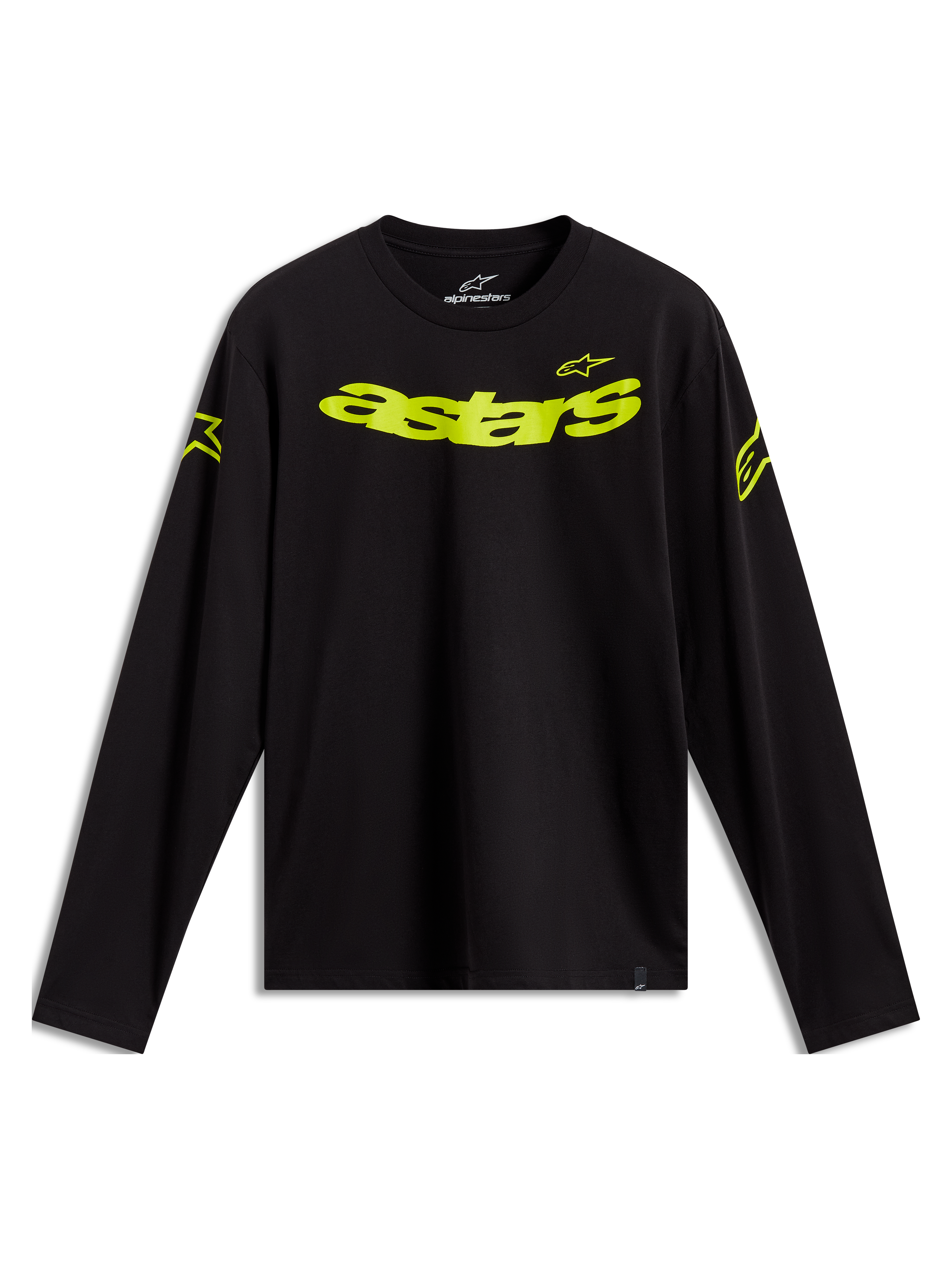 Alpinestars Velocifier CSF, camiseta de mangas largas negra con logotipos Astars en amarillo neón en el frente y los hombros, ropa deportiva casual