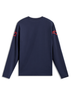 Alpinestars Velocifier CSF Tee, camiseta de mangas largas, azul marino, logos rojos en hombros, vista trasera, ropa casual.