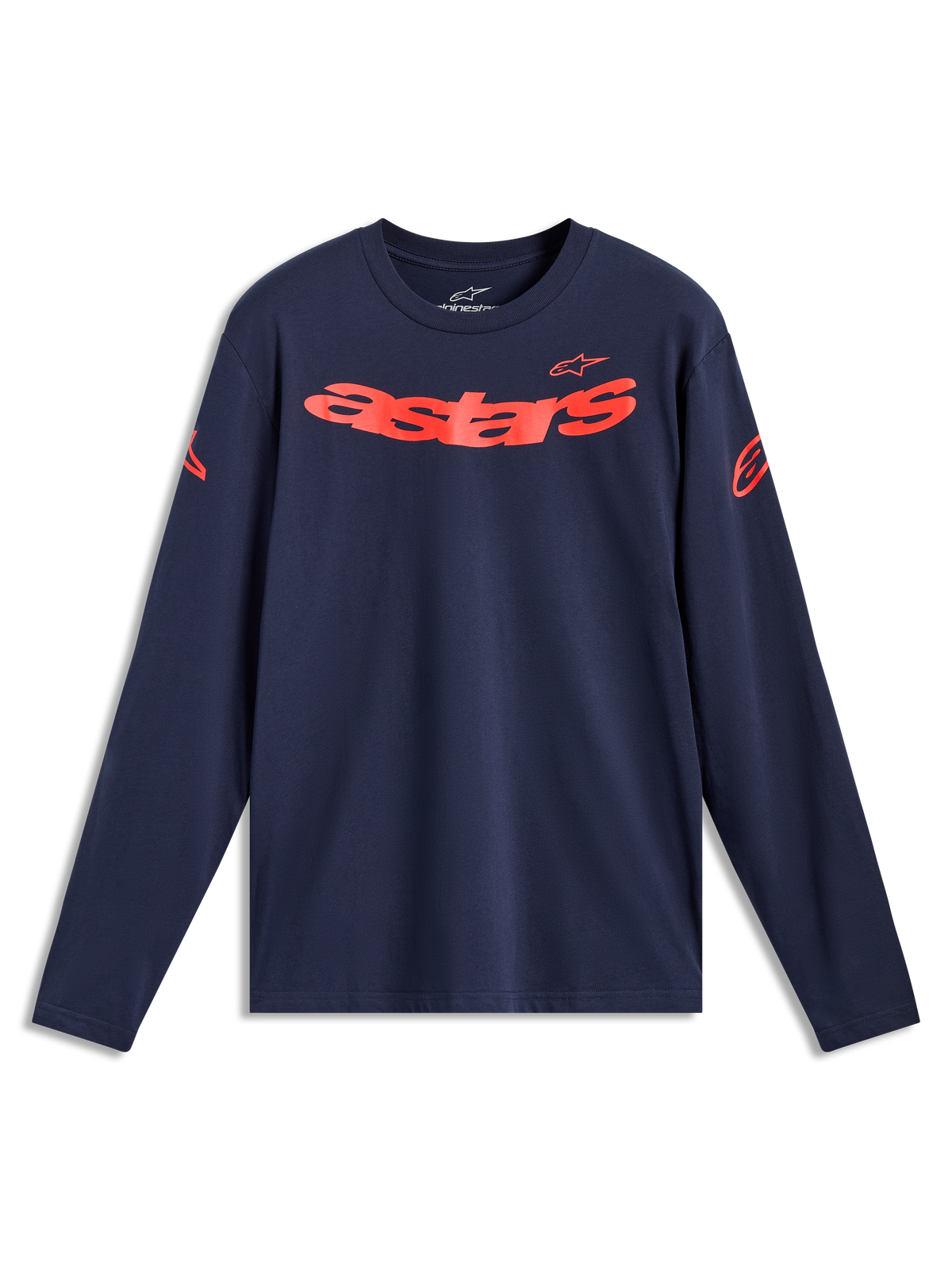 Alpinestars Velocifier CSF Long Sleeve Tee in Navy and Red, sportswear featuring curved Astars word and shoulder logos.
