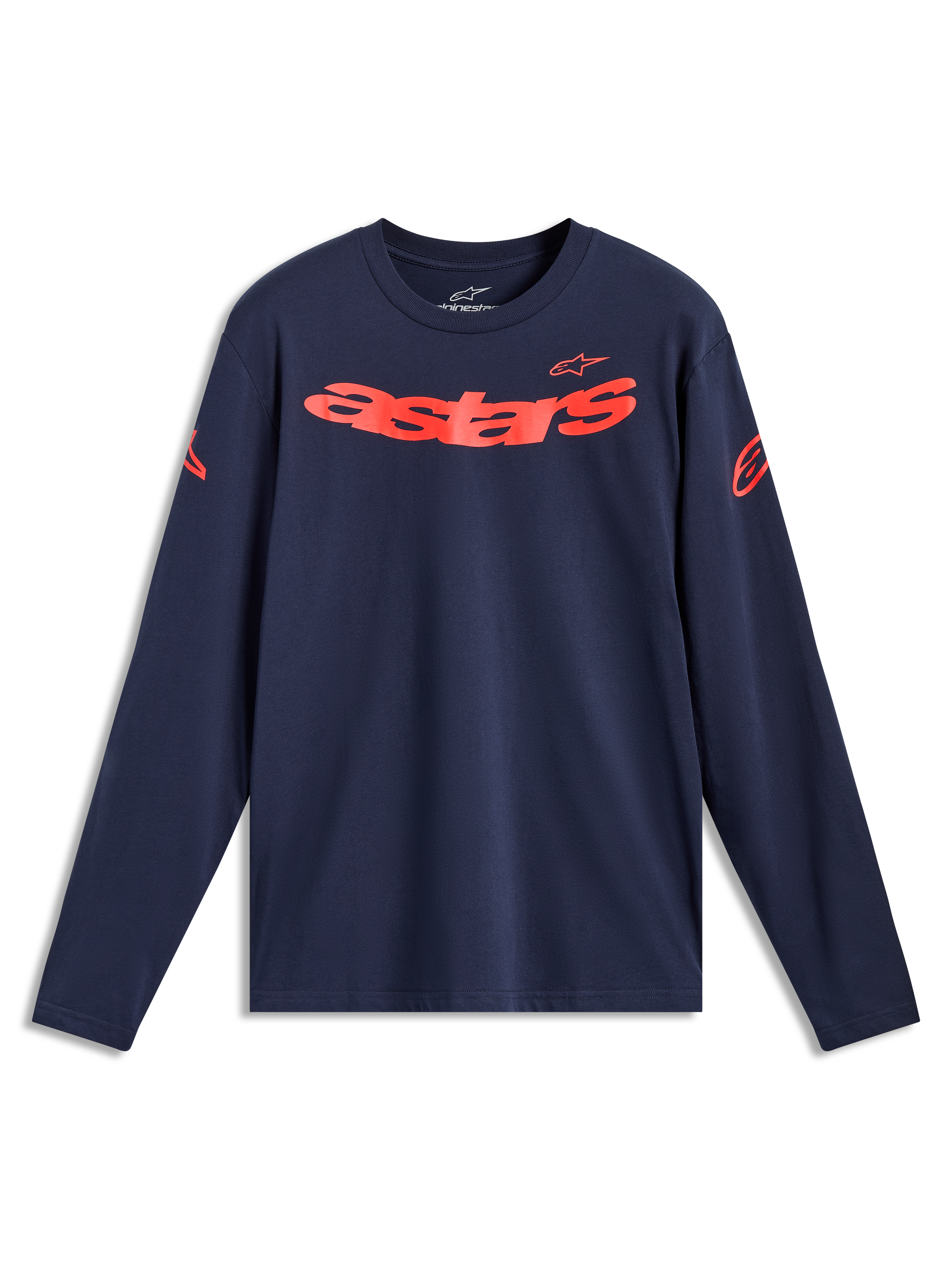 Alpinestars Velocifier CSF, camiseta de mangas largas deportiva, azul marino y roja, con nombre Astars curvo y logos en los hombros
