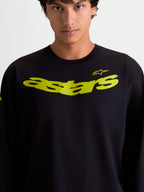 Alpinestars Camiseta Velocifier CSF, camiseta de mangas largas para hombre, negra con gráfico astars curvo en amarillo en el pecho y logotipos en los hombros, ropa deportiva de estilo casual.