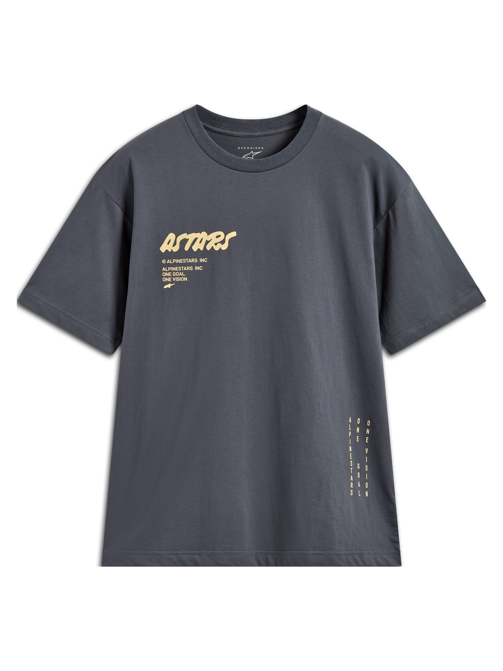 Alpinestars Chalk Oversized CSF Tee, camiseta gris carbón de mangas cortas con logotipo Astars y branding vertical lateral