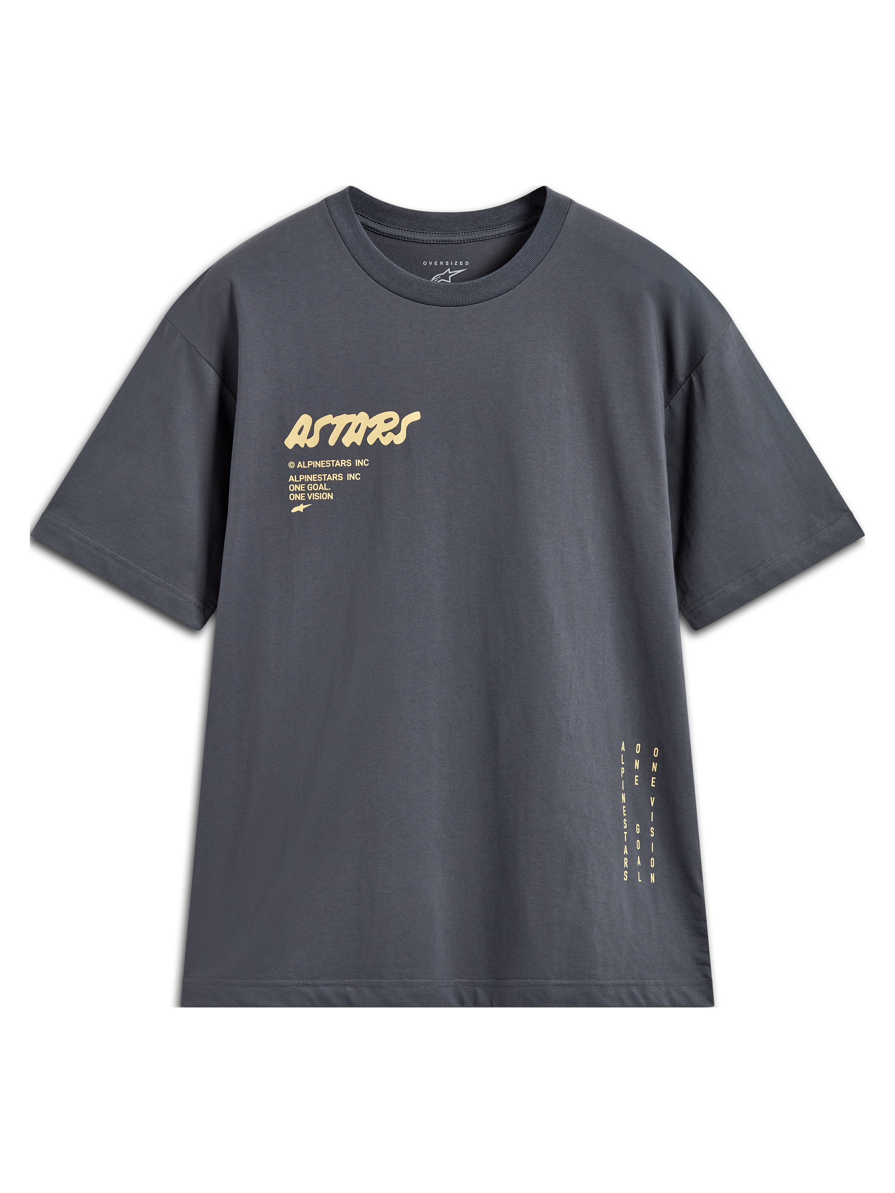 Alpinestars Chalk Oversized CSF Tee, camiseta gris carbón de mangas cortas con logotipo Astars y branding vertical lateral