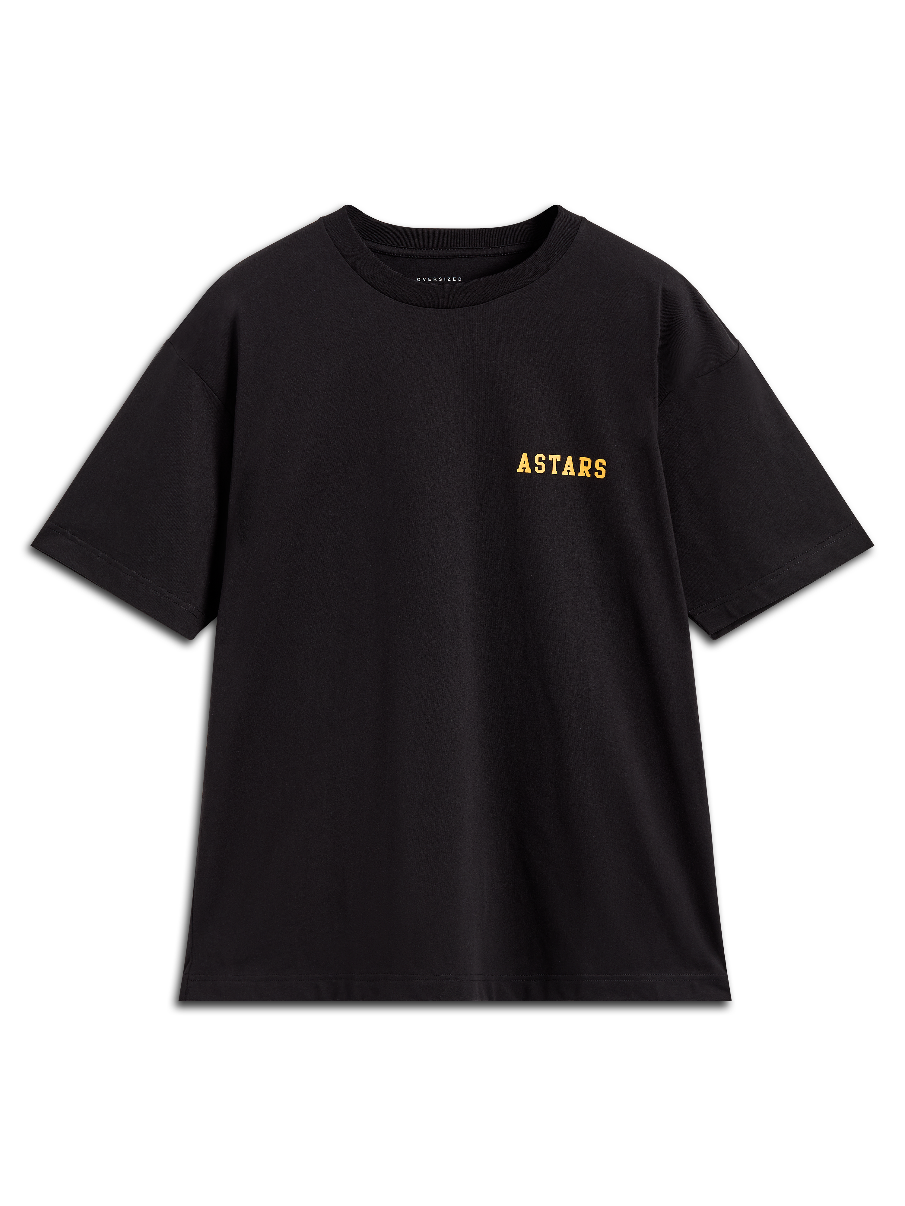 Alpinestars Latitude Oversized CSF Tee, black short-sleeve sportswear shirt featuring a yellow Astars word logo.