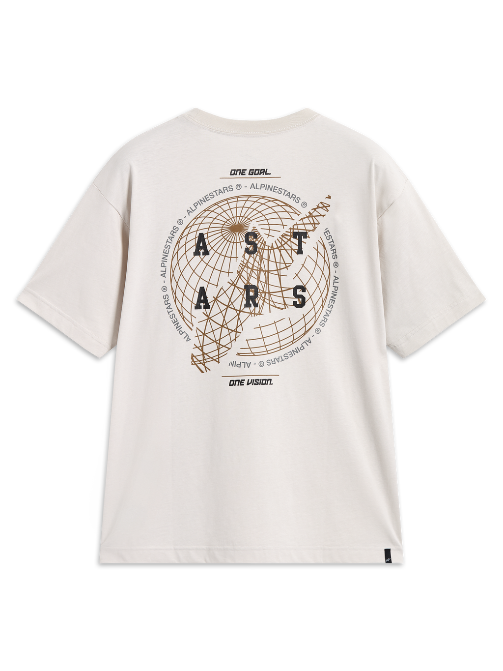 Alpinestars Latitude Oversized CSF Tee, camiseta beige cemento con gráfico de globo y logotipo Astars en la parte posterior.