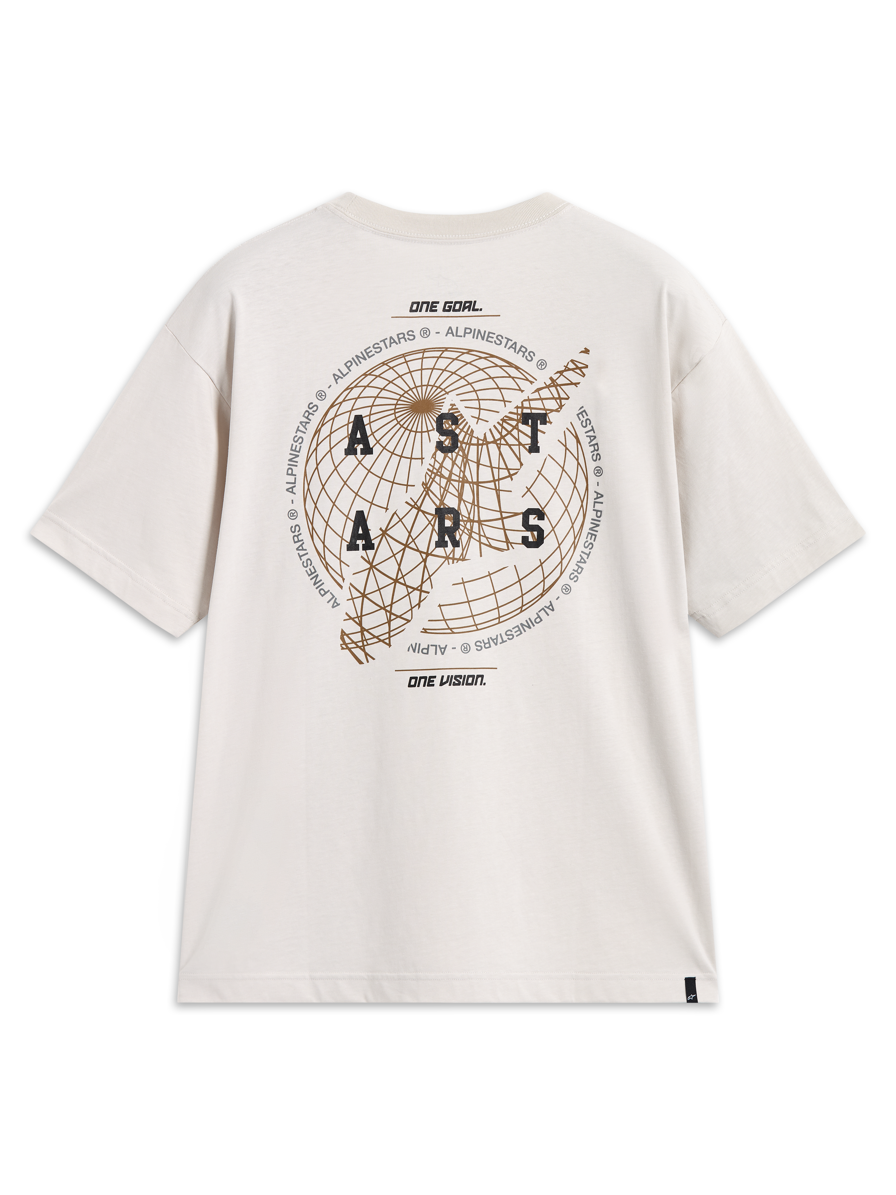 Alpinestars Latitude Oversized CSF Tee, camiseta beige cemento con gráfico de globo y logotipo Astars en la parte posterior.
