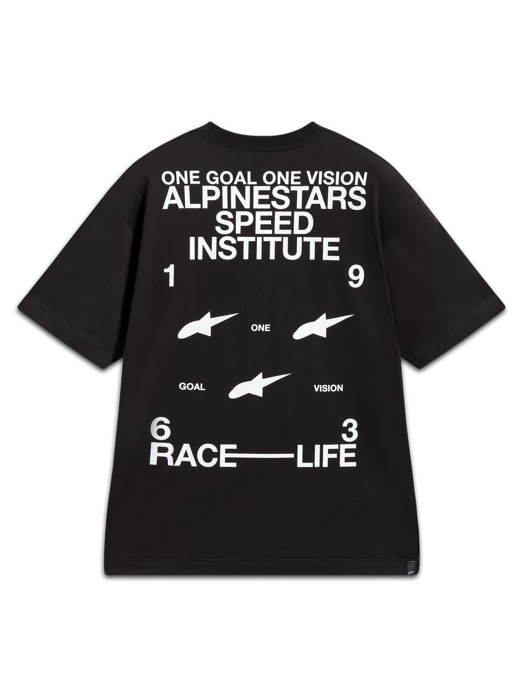 Alpinestars Institute Oversized CSF Tee, camiseta negra de mangas cortas con gráficos blancos de carreras en la espalda.