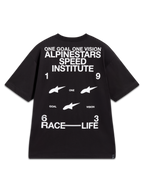 Alpinestars Institute Oversized CSF Tee, camiseta negra de mangas cortas con gráficos blancos de carreras en la espalda.