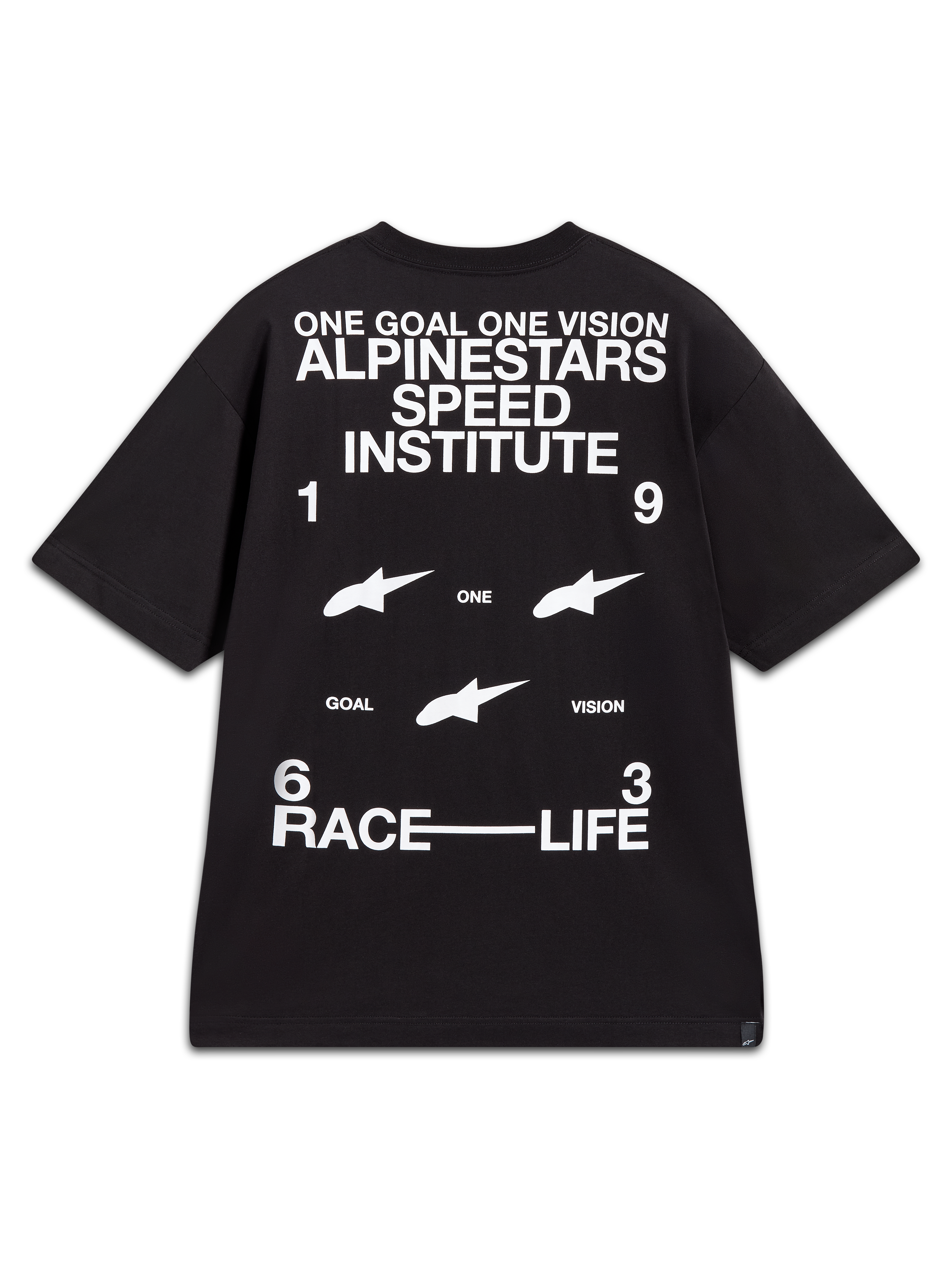 Alpinestars Institute Oversized CSF Tee, camiseta negra de mangas cortas con gráficos blancos de carreras en la espalda.
