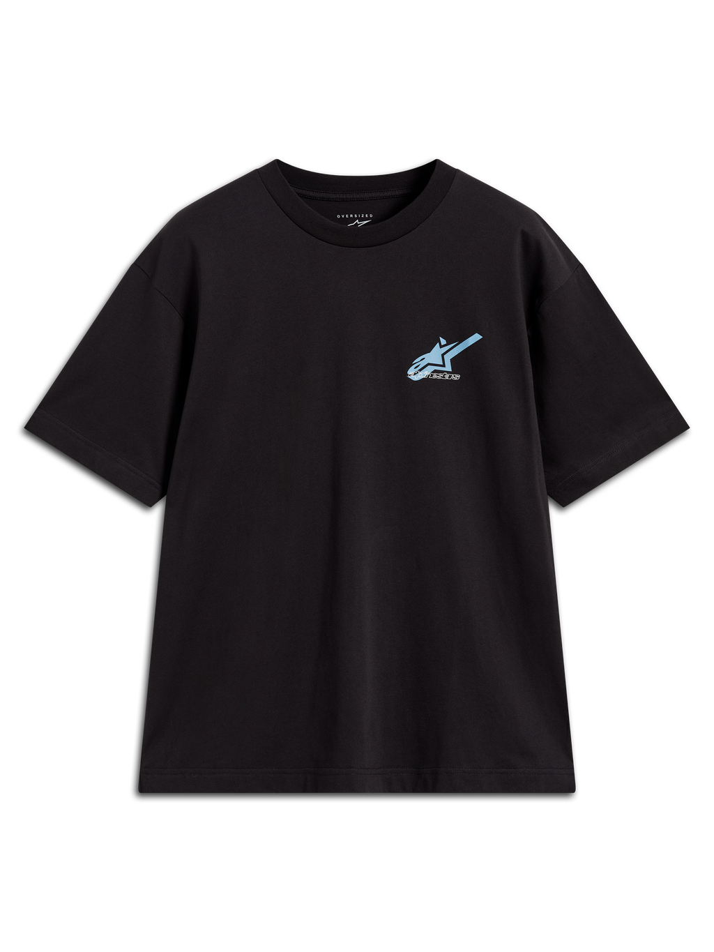 Alpinestars Ghost Oversized CSF Tee, camiseta negra de mangas cortas con logo frontal azul claro, estilo casual deportivo.