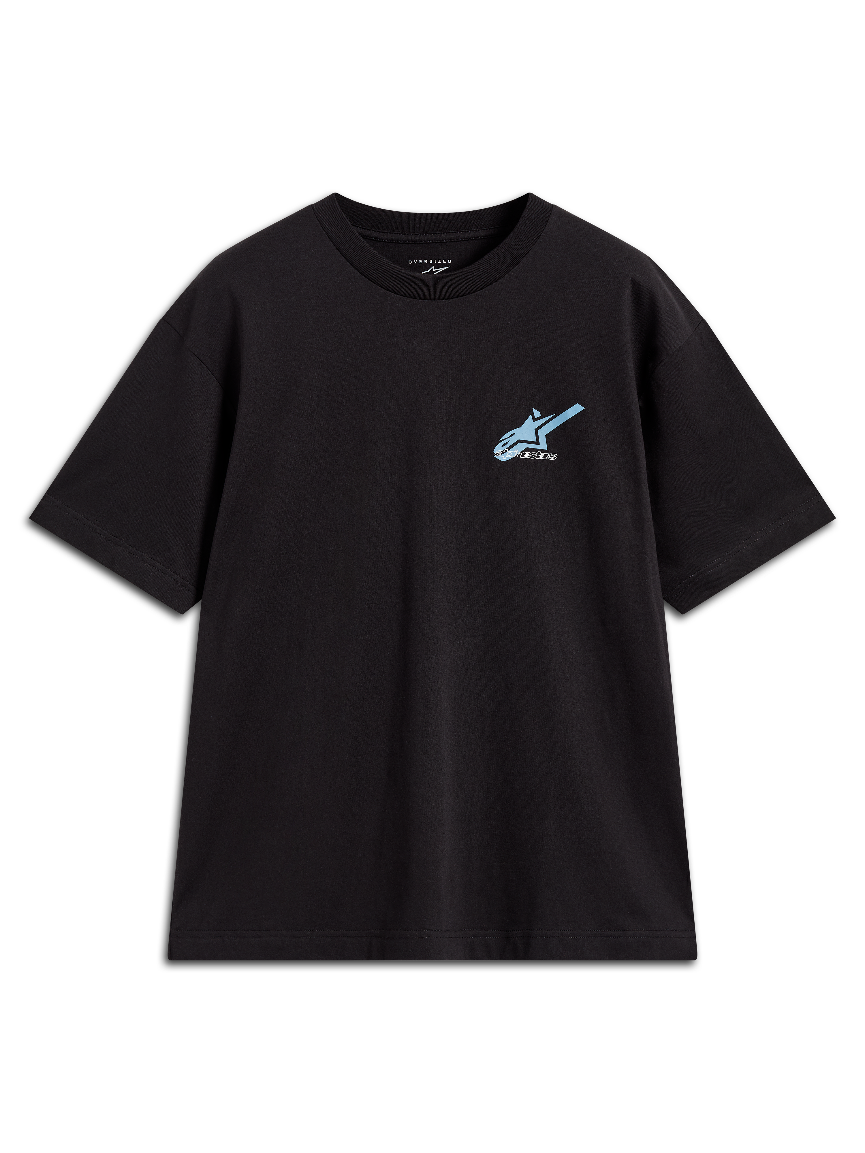 Alpinestars Ghost Oversized CSF Tee, camiseta negra de mangas cortas con logo frontal azul claro, estilo casual deportivo.