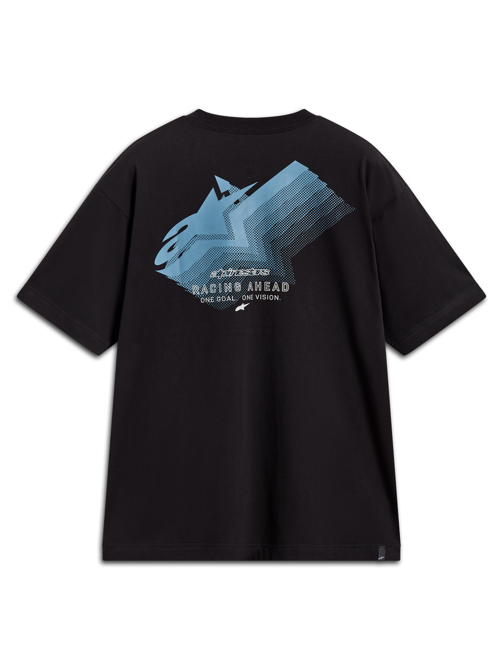 Alpinestars Ghost Oversized CSF Tee, camiseta negra con gráfico azul degradado en la espalda y texto Racing Ahead
