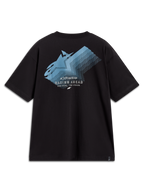 Alpinestars Ghost Oversized CSF Tee, camiseta negra con gráfico azul degradado en la espalda y texto Racing Ahead