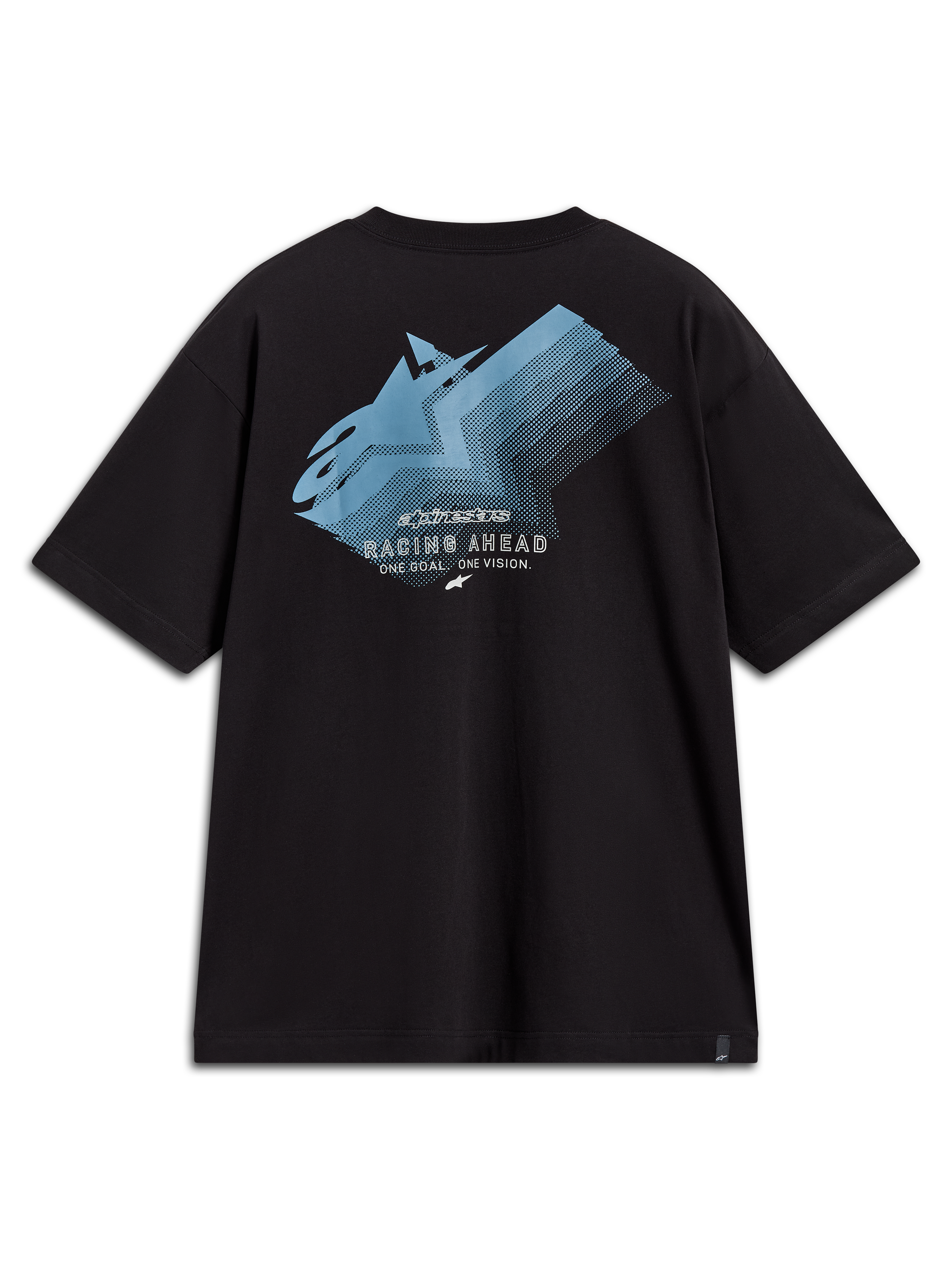 Alpinestars Ghost Oversized CSF Tee, camiseta negra con gráfico azul degradado en la espalda y texto Racing Ahead