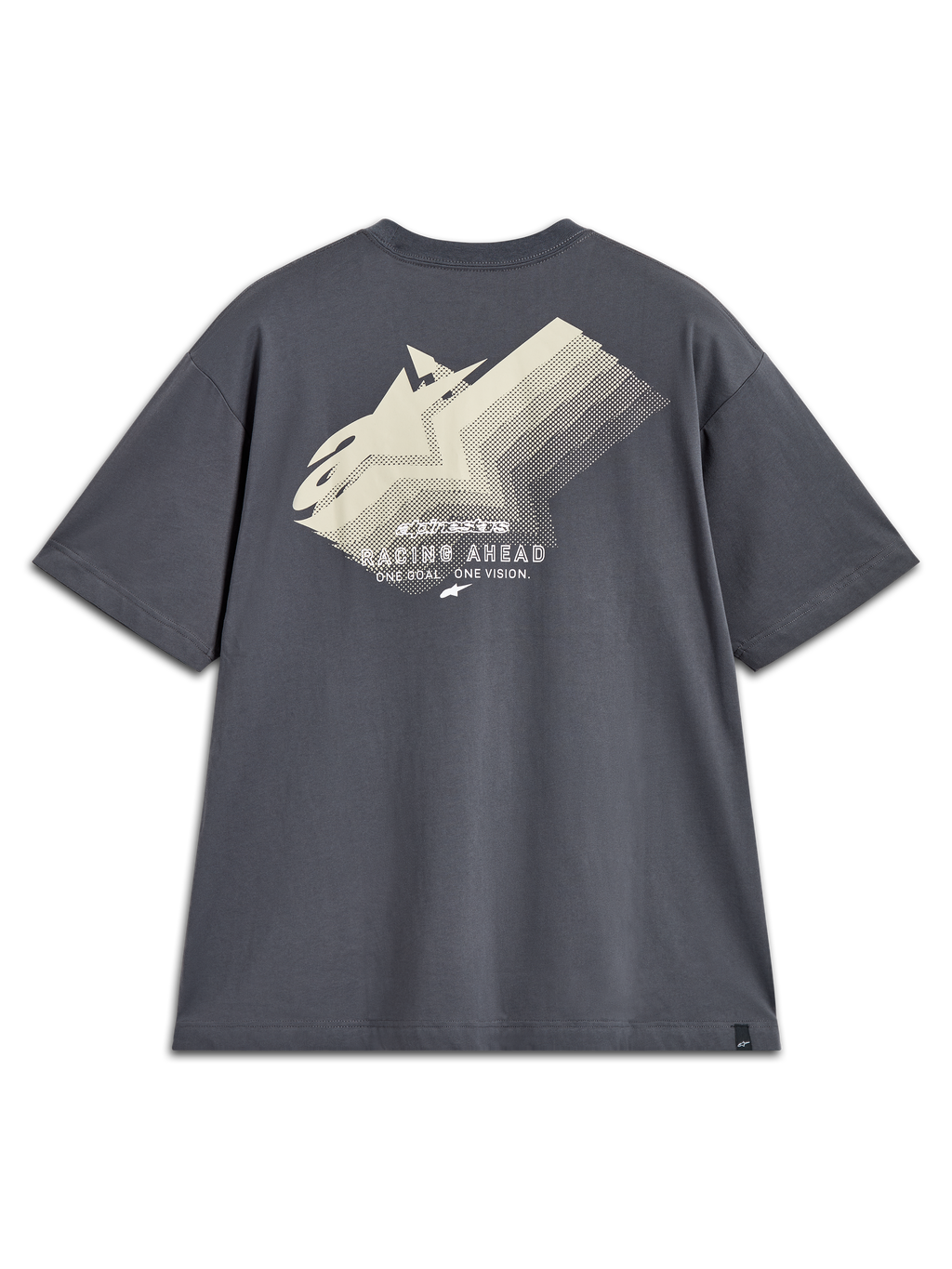 Alpinestars Ghost Oversized CSF Tee, camiseta gris carbón de mangas cortas, vista posterior con gráfico Racing Ahead.