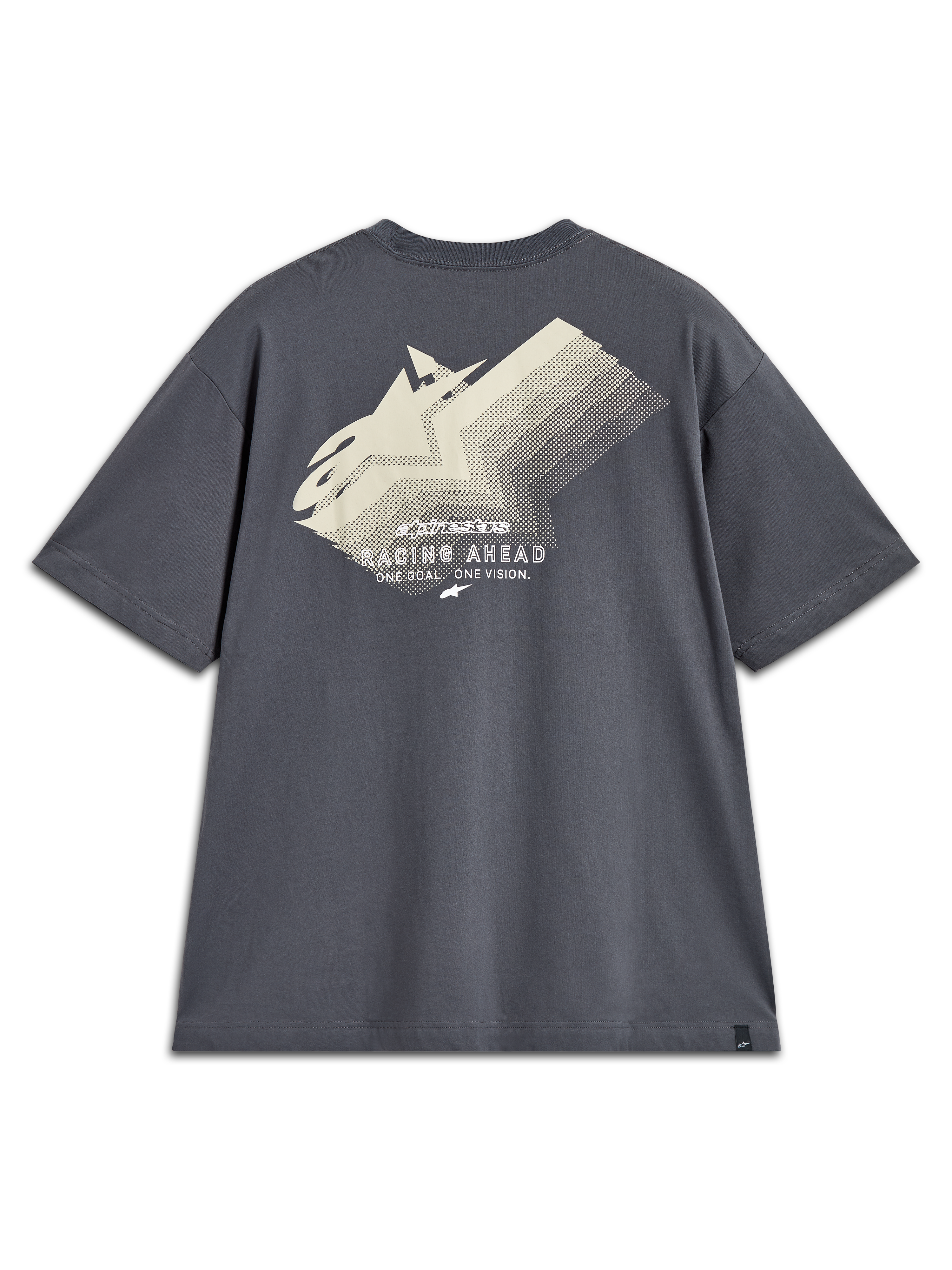 Alpinestars Ghost Oversized CSF Tee, camiseta gris carbón de mangas cortas, vista posterior con gráfico Racing Ahead.