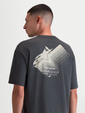 Alpinestars Ghost Oversized CSF, camiseta de mangas cortas en color gris carbón, vista trasera con gráfico de logotipo Astars blanco degradado y texto 'Racing Ahead', ajuste relajado oversized para estilo casual