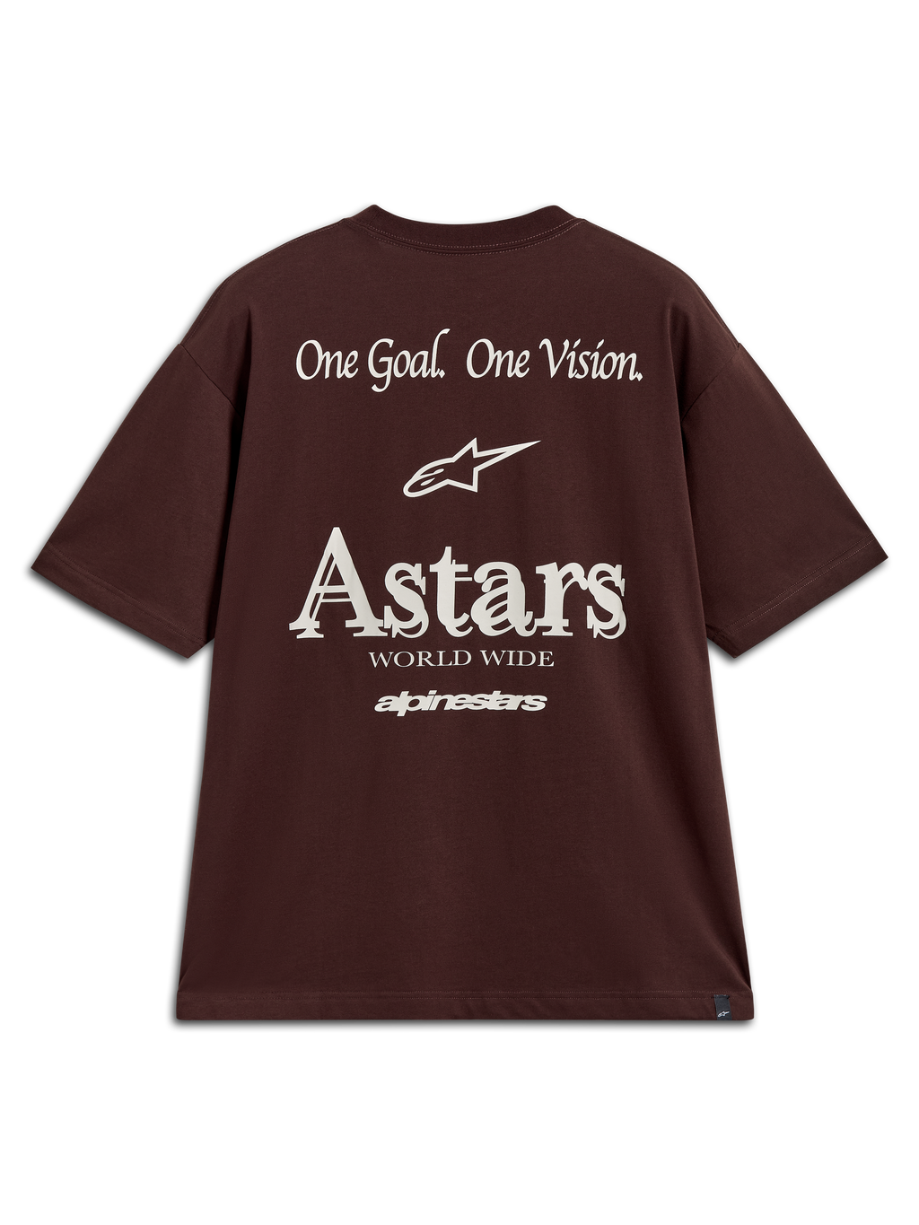 Alpinestars Post Oversized CSF, camiseta de mangas cortas marrón oscuro con el logo Astars blanco y gráficos de One Goal One Vision en la espalda.