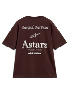 Alpinestars Post Oversized CSF, camiseta de mangas cortas marrón oscuro con el logo Astars blanco y gráficos de One Goal One Vision en la espalda.