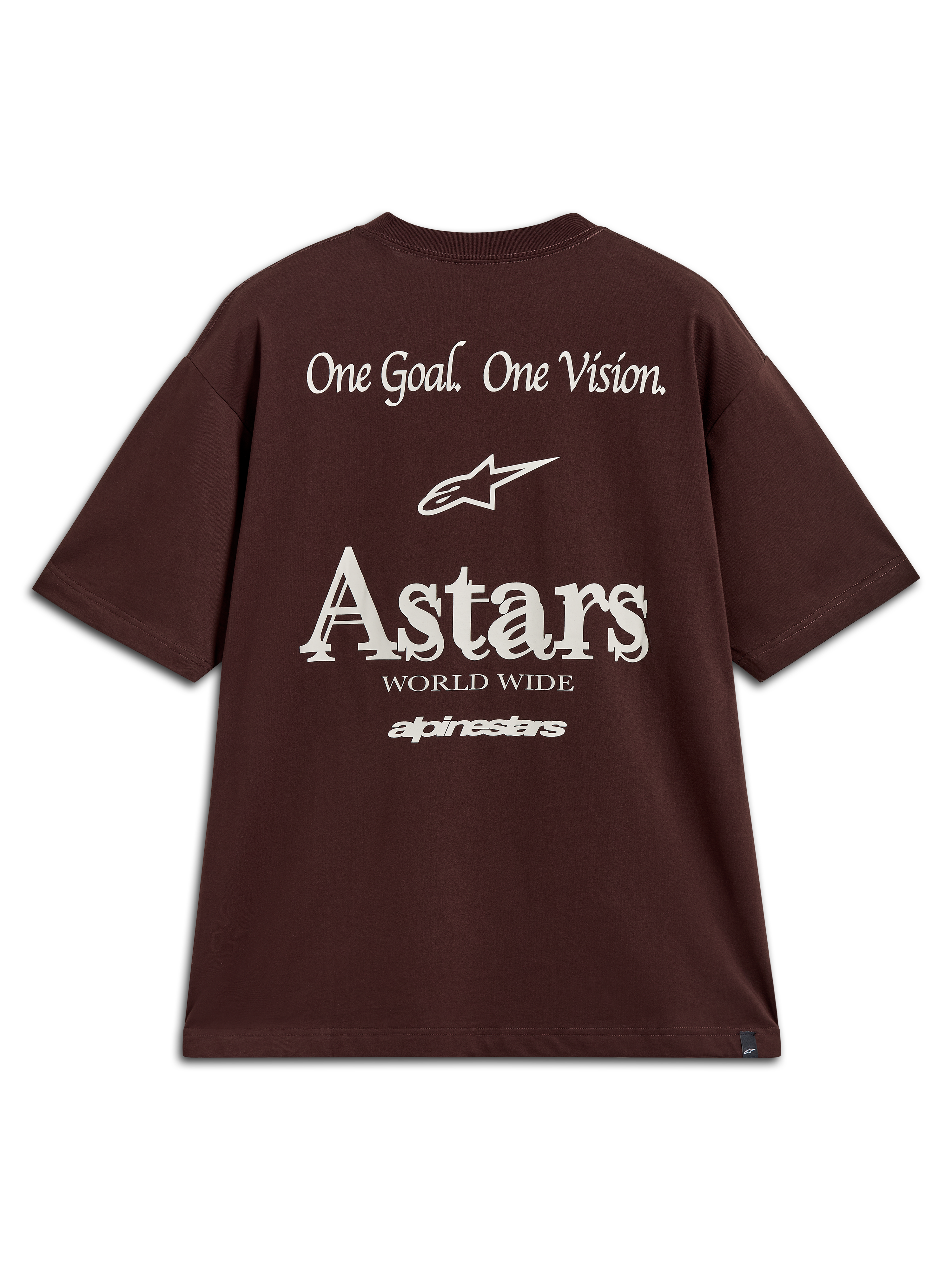 Alpinestars Post Oversized CSF, camiseta de mangas cortas marrón oscuro con el logo Astars blanco y gráficos de One Goal One Vision en la espalda.
