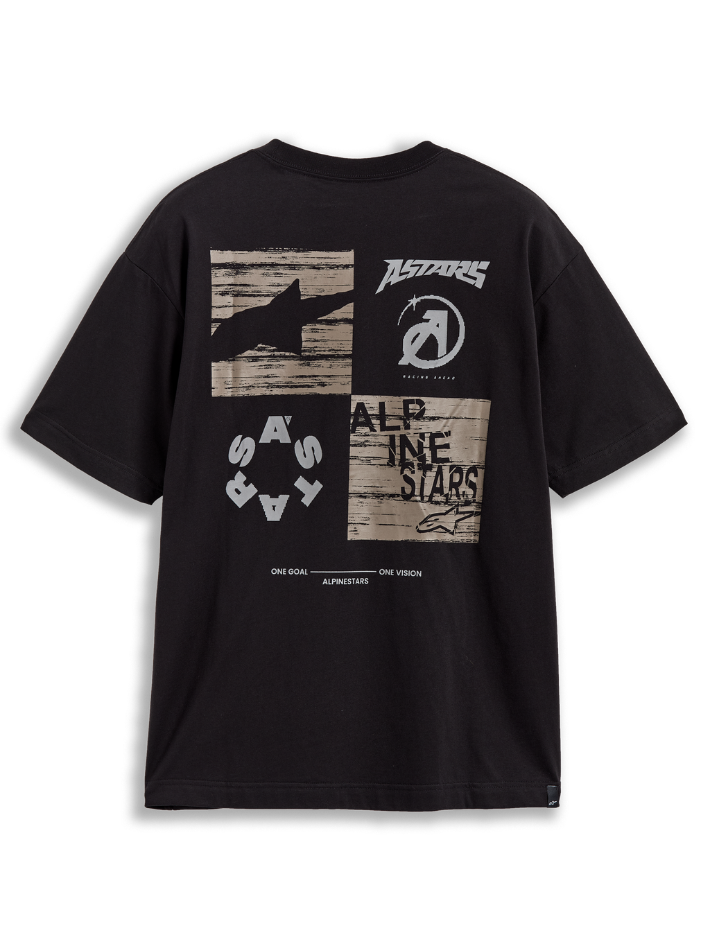 Alpinestars Checkback Oversized CSF, camiseta de mangas cortas negra, con gráfico de cuadros en la espalda, logos Astars y manifiesto One Goal One Vision