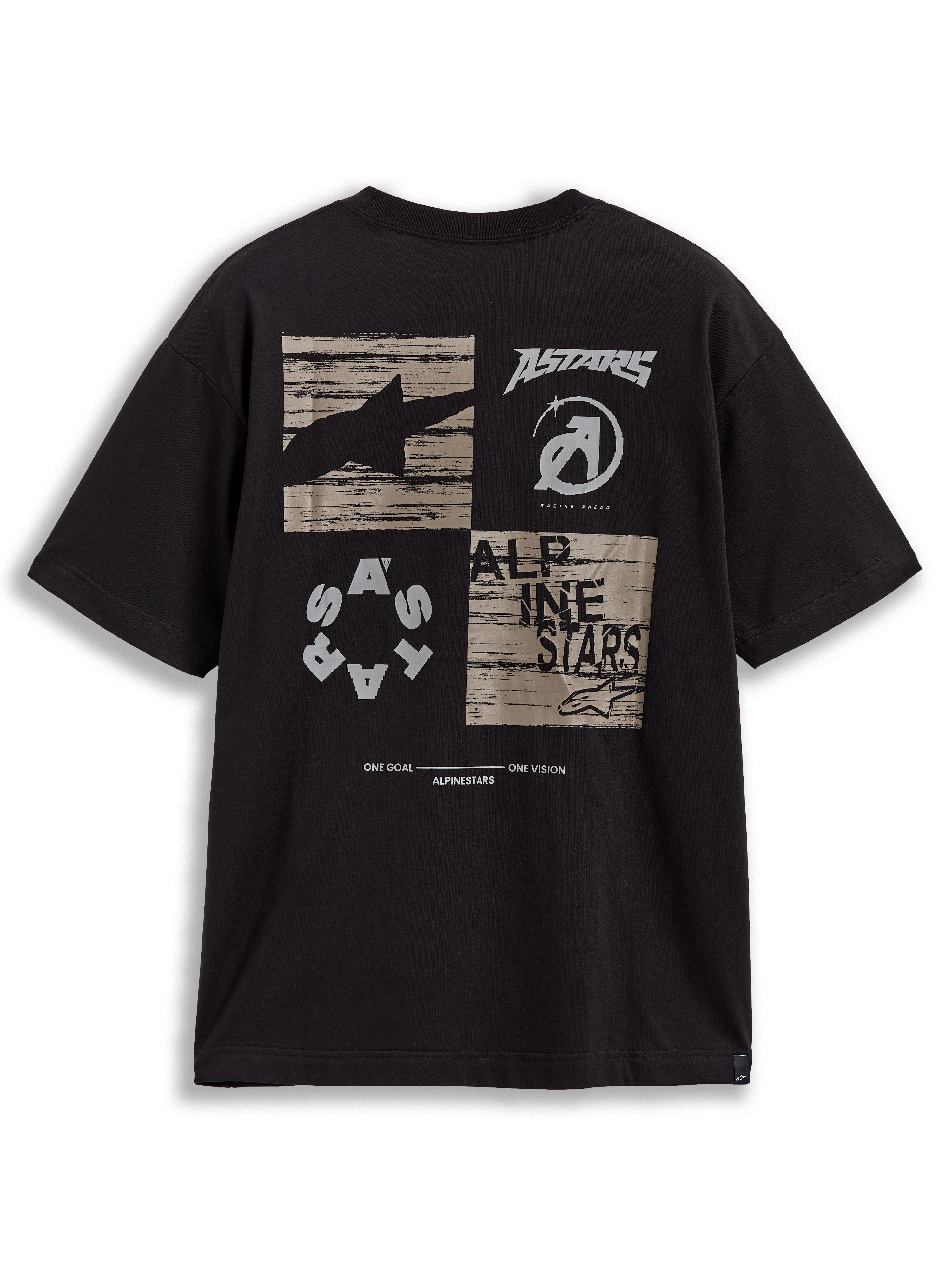 Alpinestars Checkback Oversized CSF, camiseta de mangas cortas negra, con gráfico de cuadros en la espalda, logos Astars y manifiesto One Goal One Vision