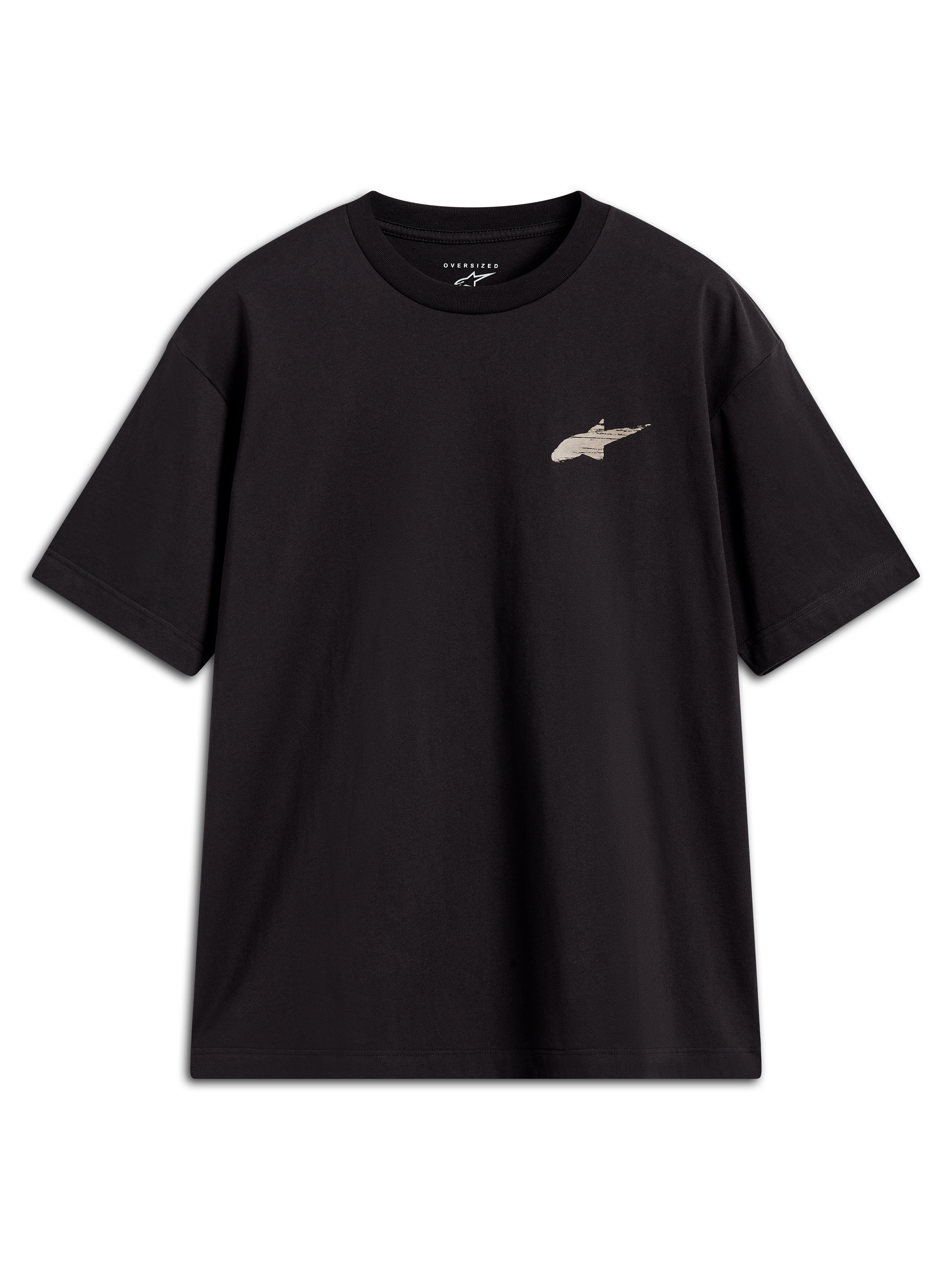 Alpinestars Checkback Oversized CSF Tee, camiseta de mangas cortas negra, ajuste oversized con pequeño logotipo Astars frontal.