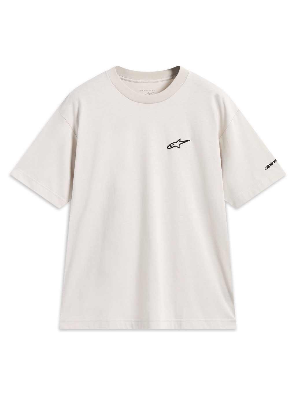 Alpinestars Mandate Oversized CSF Tee, camiseta de mangas cortas, color beige arena, logotipo de Astars negro en relieve en el pecho, ropa deportiva de estilo casual