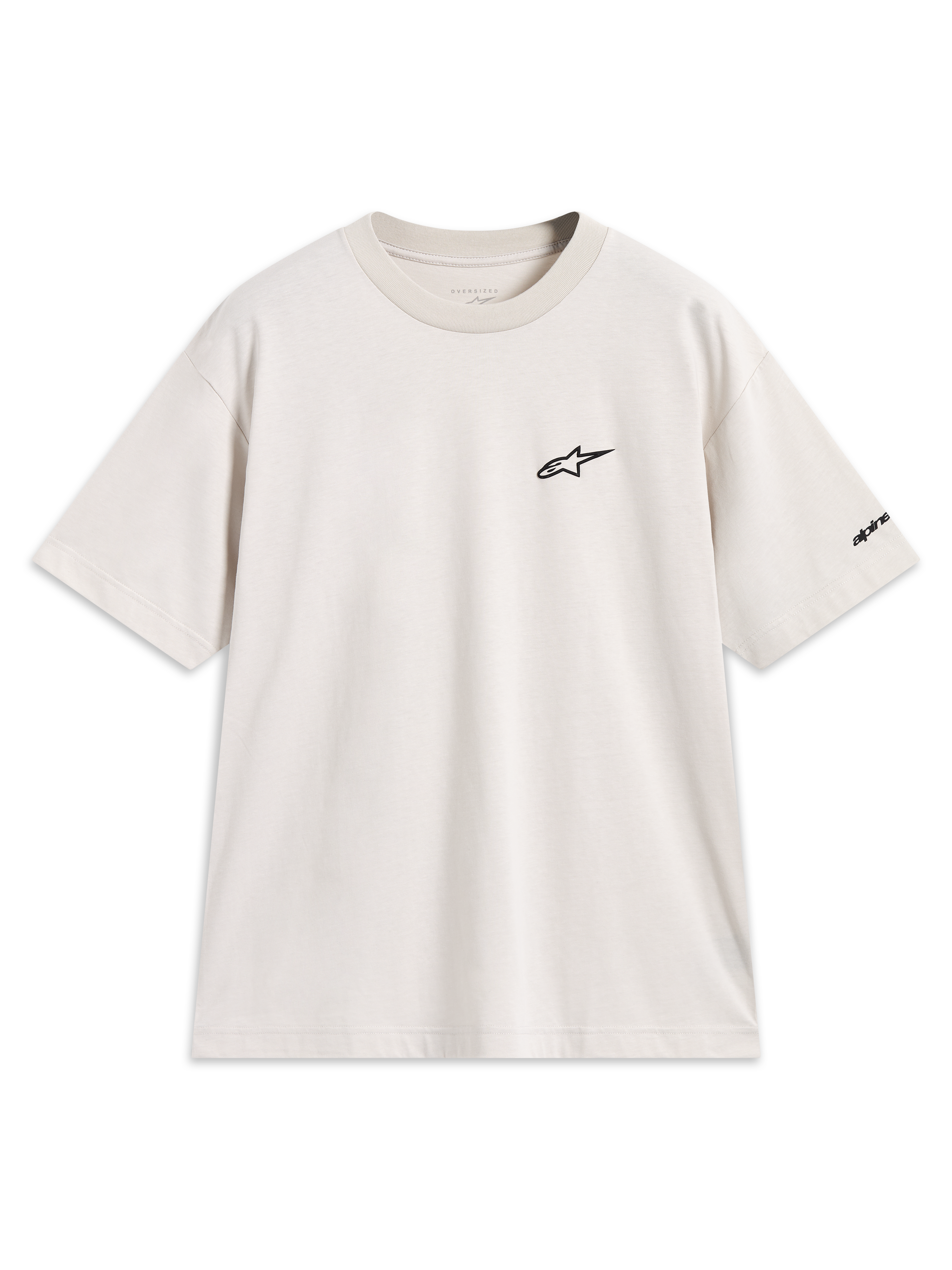 Alpinestars Mandate Oversized CSF Tee, camiseta de mangas cortas, color beige arena, logotipo de Astars negro en relieve en el pecho, ropa deportiva de estilo casual