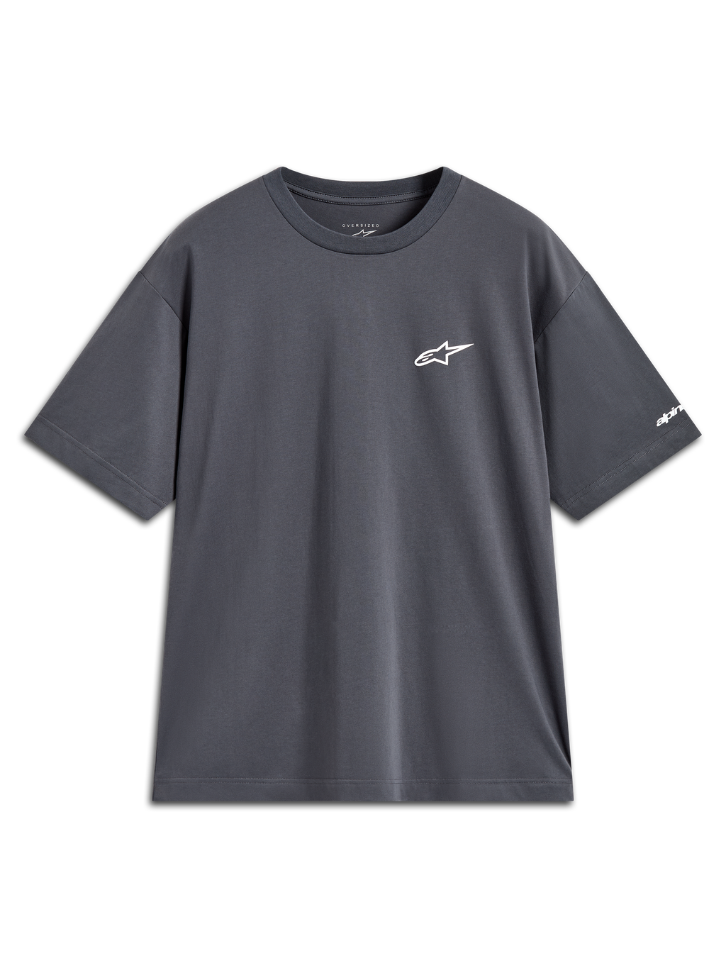 Alpinestars Mandate Oversized CSF Tee, camiseta gris carbón de mangas cortas con logo de estrella blanco, ropa deportiva casual.