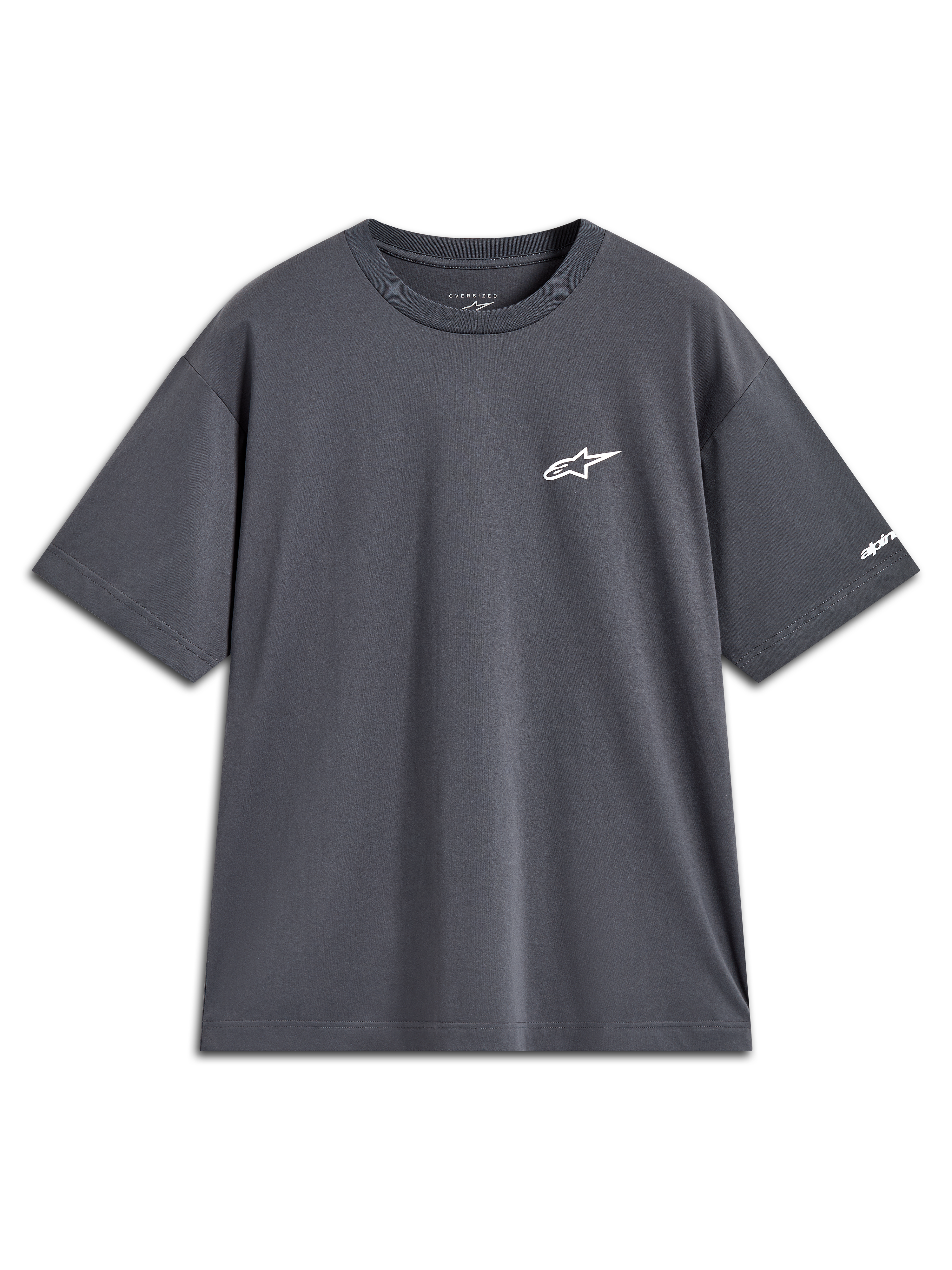 Alpinestars Mandate Oversized CSF Tee, camiseta gris carbón de mangas cortas con logo de estrella blanco, ropa deportiva casual.