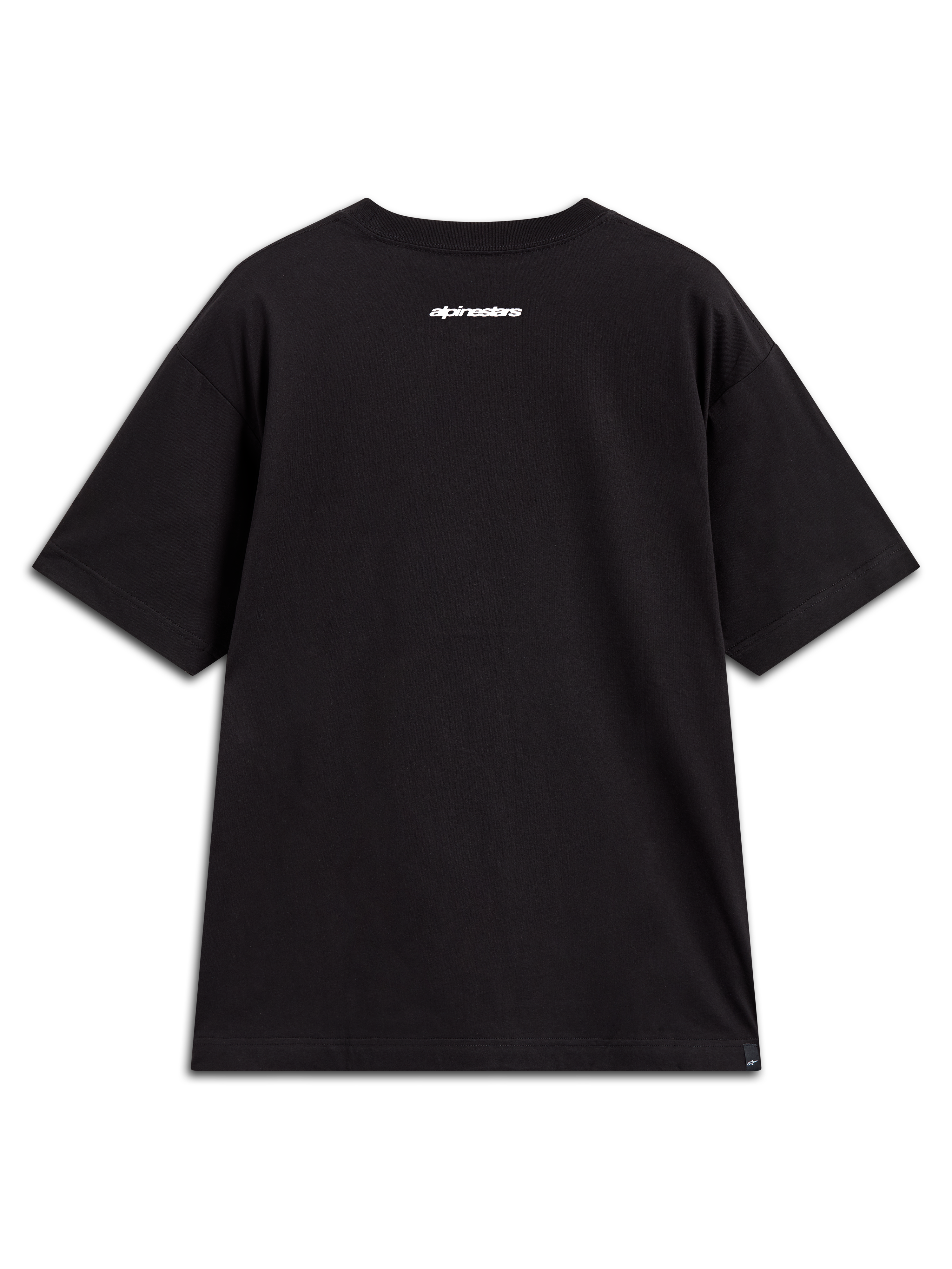 Camiseta Alpinestars Prelude Oversized CSF negra de mangas cortas, con logotipo blanco en la espalda y ajuste amplio casual.
