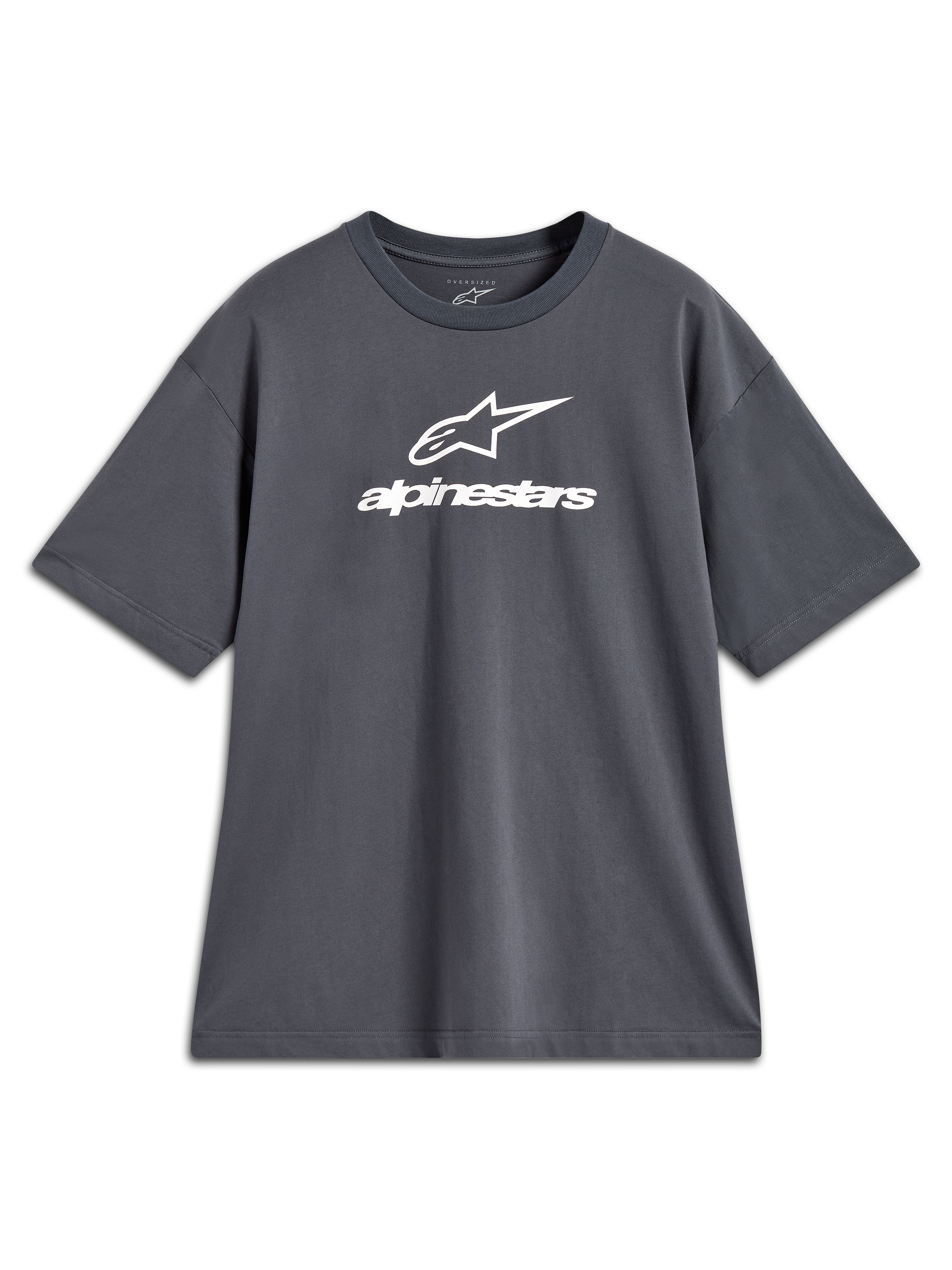 Alpinestars Prelude Oversized CSF Tee, camiseta de mangas cortas gris carbón con logotipo blanco, ropa deportiva.