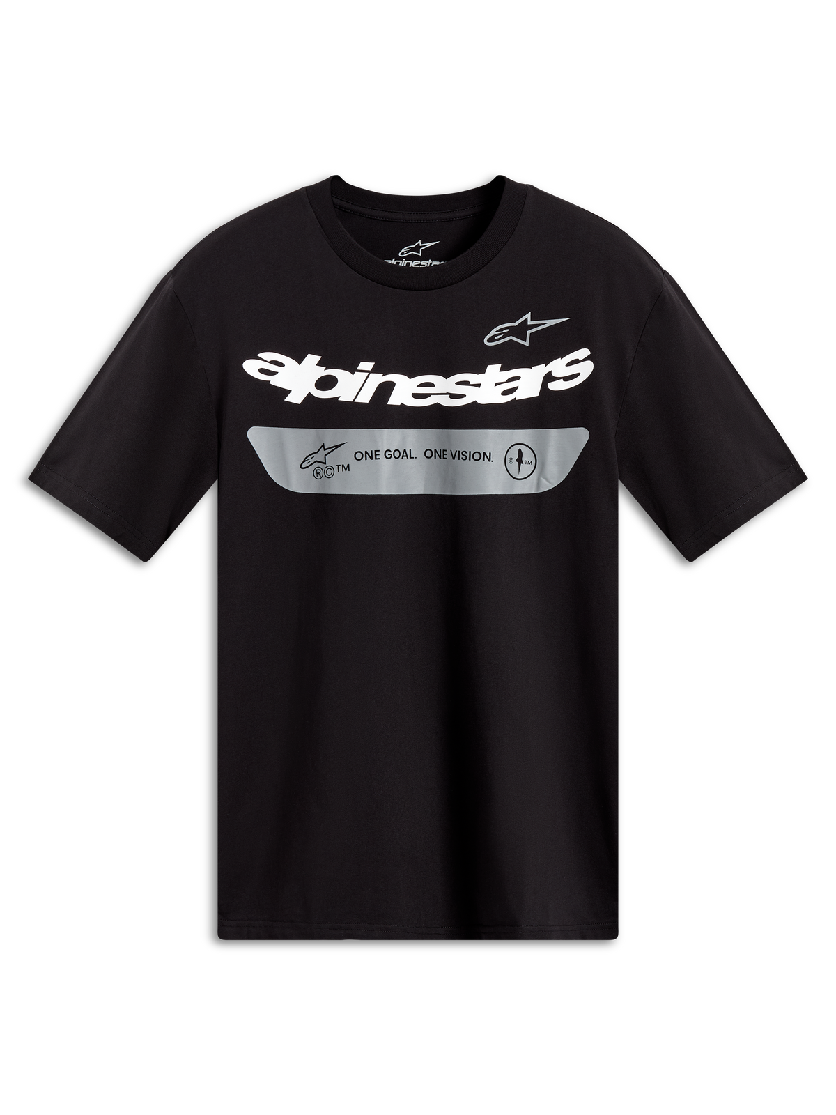 Alpinestars Singular CSF Black Short Sleeve Tee featuring a white curved word graphic and grey motorsport chest panel.