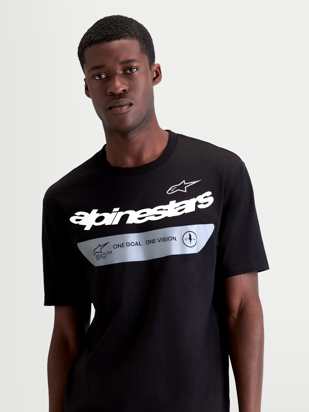 Alpinestars Singular CSF Tee, Men's Short Sleeve Sportswear, Black with White Alpinestars wordmark and Grey 'ONE GOAL. ONE VISION.' graphic, Premium Combed Ring-Spun Cotton Blend Casual T-shirt