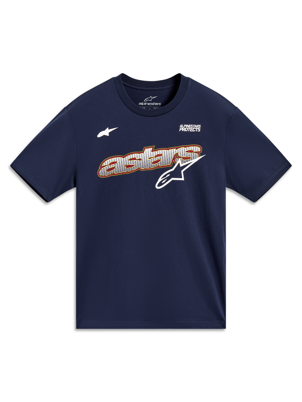 Alpinestars Cypress CSF Tee, camiseta de mangas cortas, azul marino, gráfico Astars con relleno de malla y lema Alpinestars Protects, ropa casual deportiva