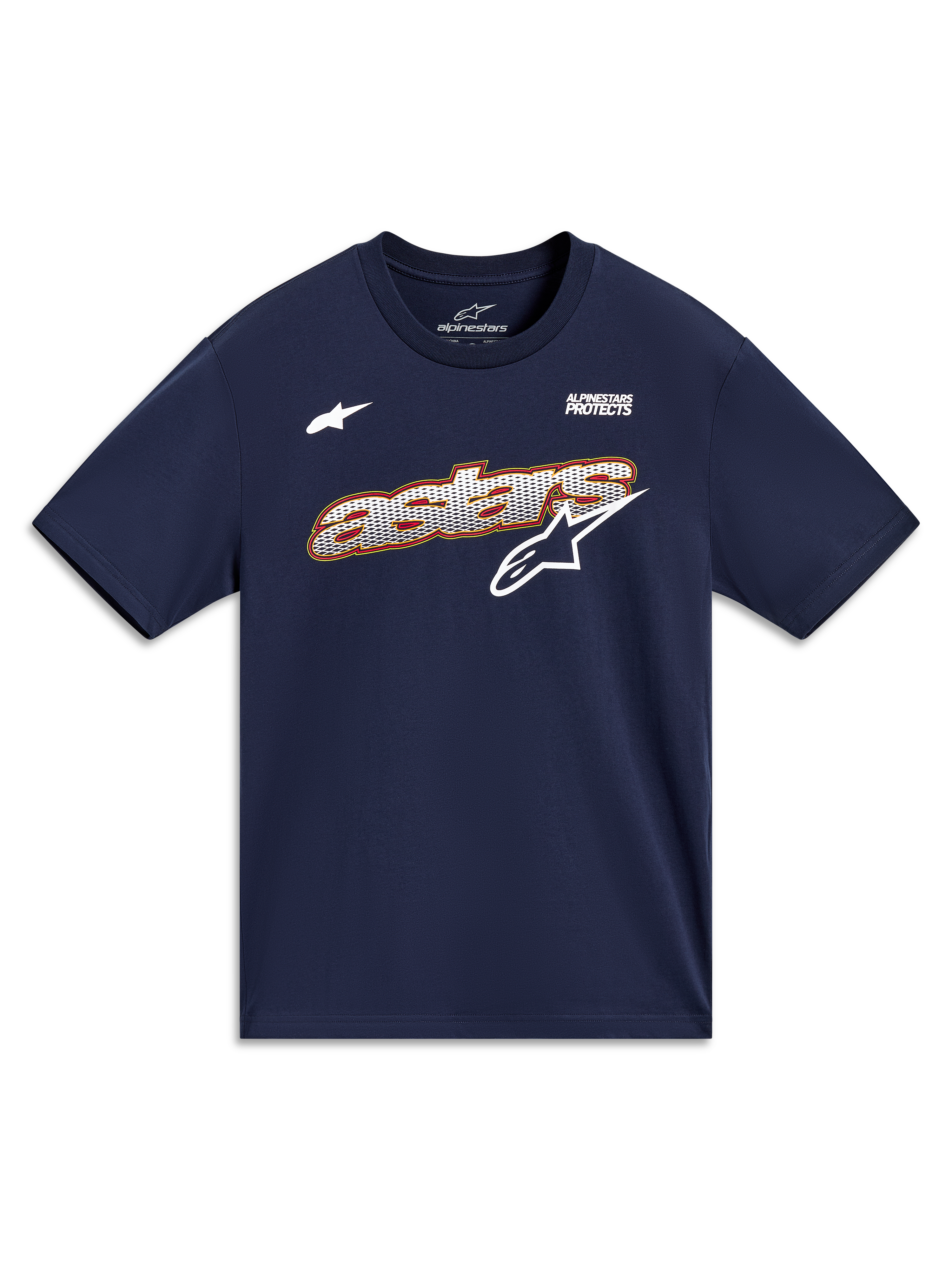 Alpinestars Cypress CSF Tee, camiseta de mangas cortas, azul marino, gráfico Astars con relleno de malla y lema Alpinestars Protects, ropa casual deportiva