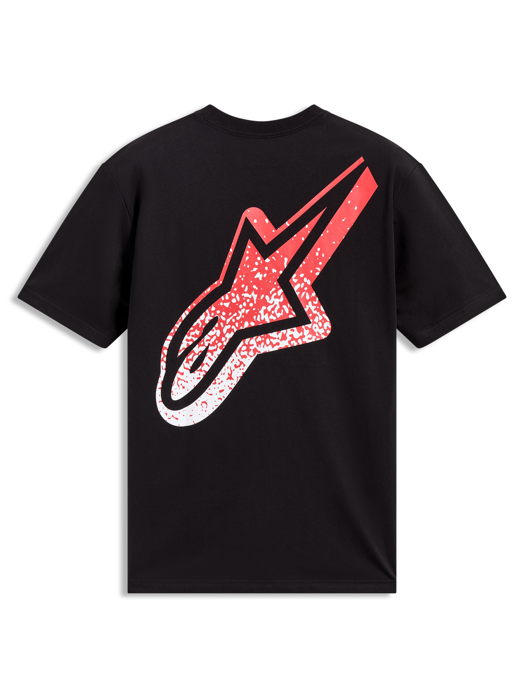 Alpinestars Meteor CSF Tee, camiseta de mangas cortas negra con un gran logotipo Astars en la espalda en degradado rojo y blanco, ropa deportiva