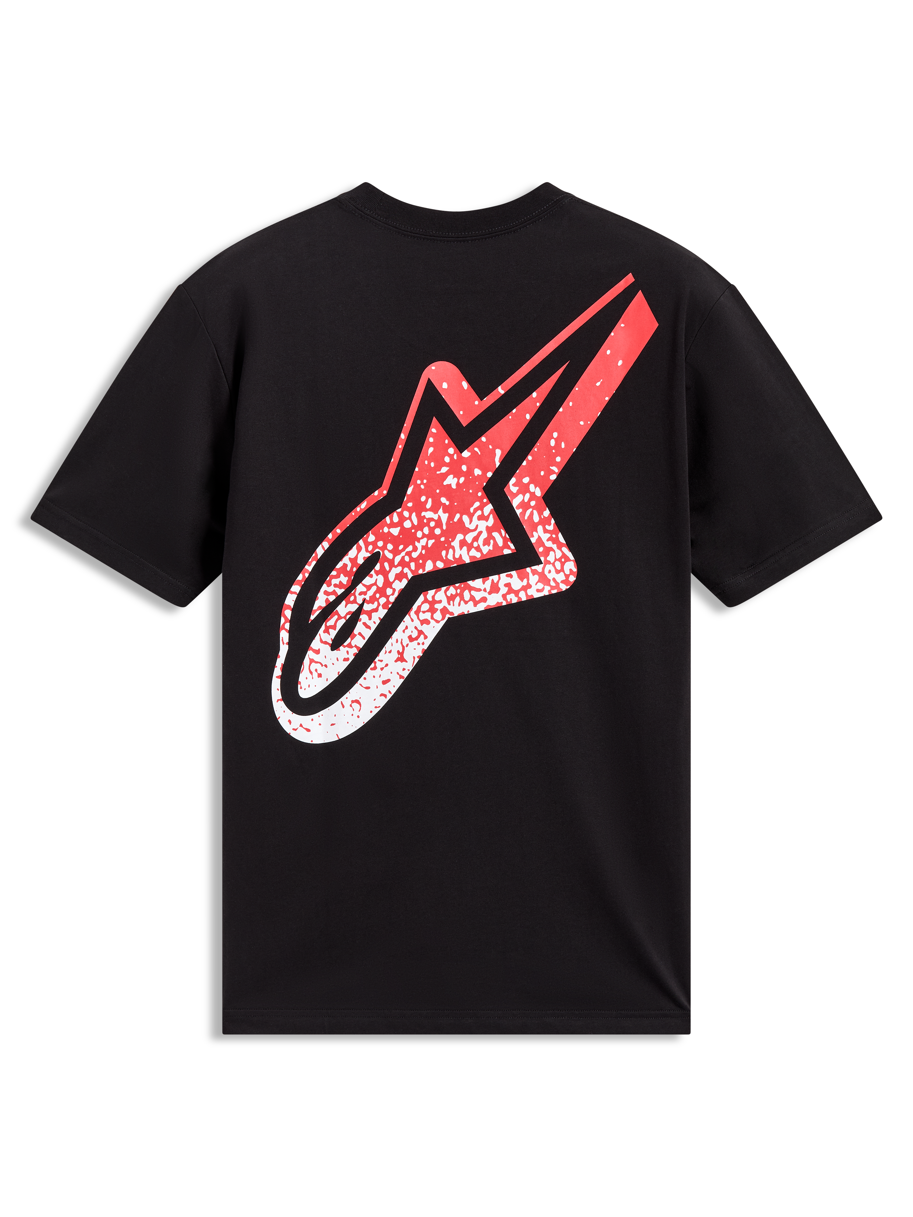 Alpinestars Meteor CSF Tee, camiseta de mangas cortas negra con un gran logotipo Astars en la espalda en degradado rojo y blanco, ropa deportiva