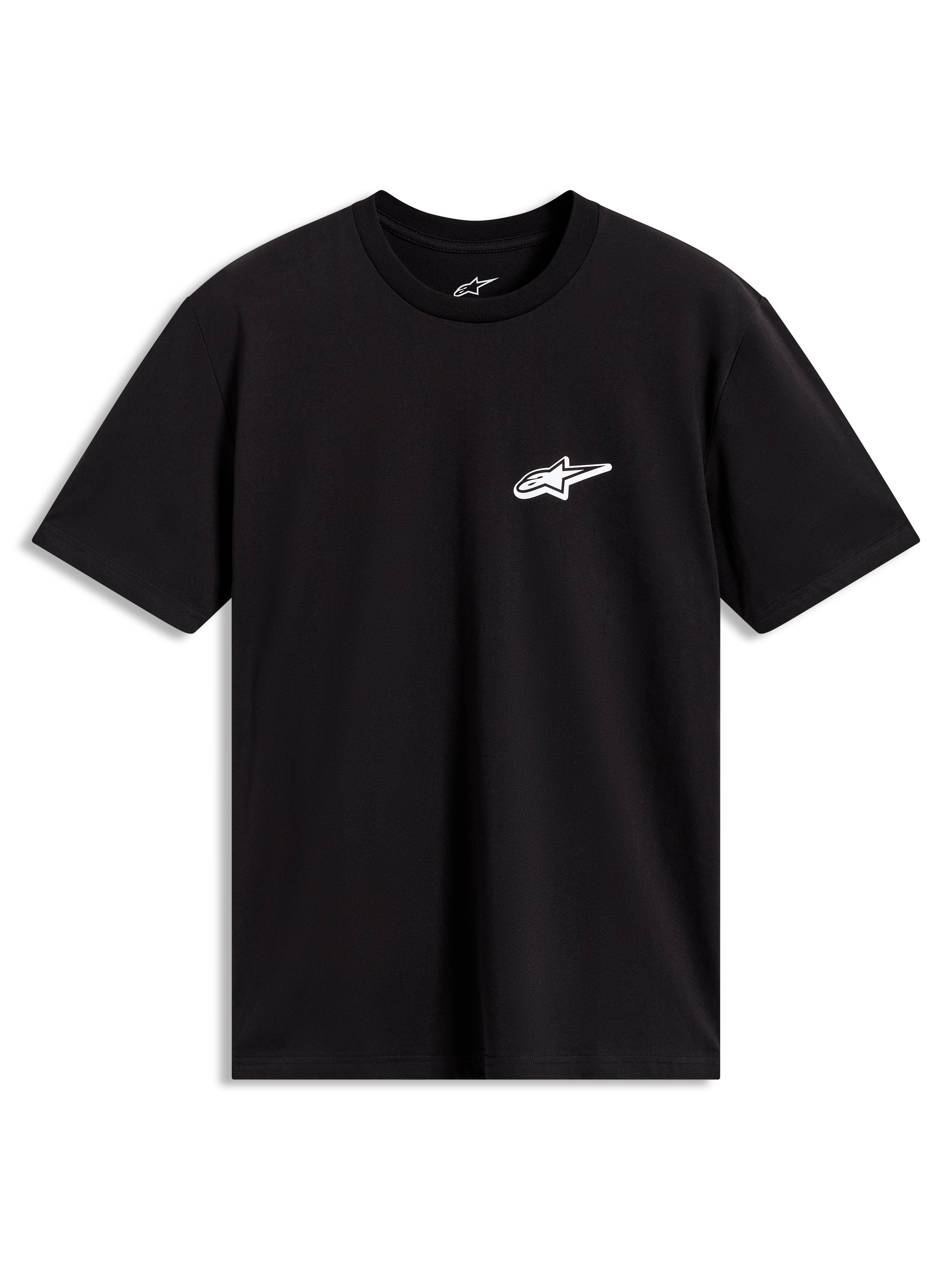Alpinestars Meteor CSF Tee, camiseta de mangas cortas negra con logotipo Astars blanco en el pecho, ropa deportiva casual.